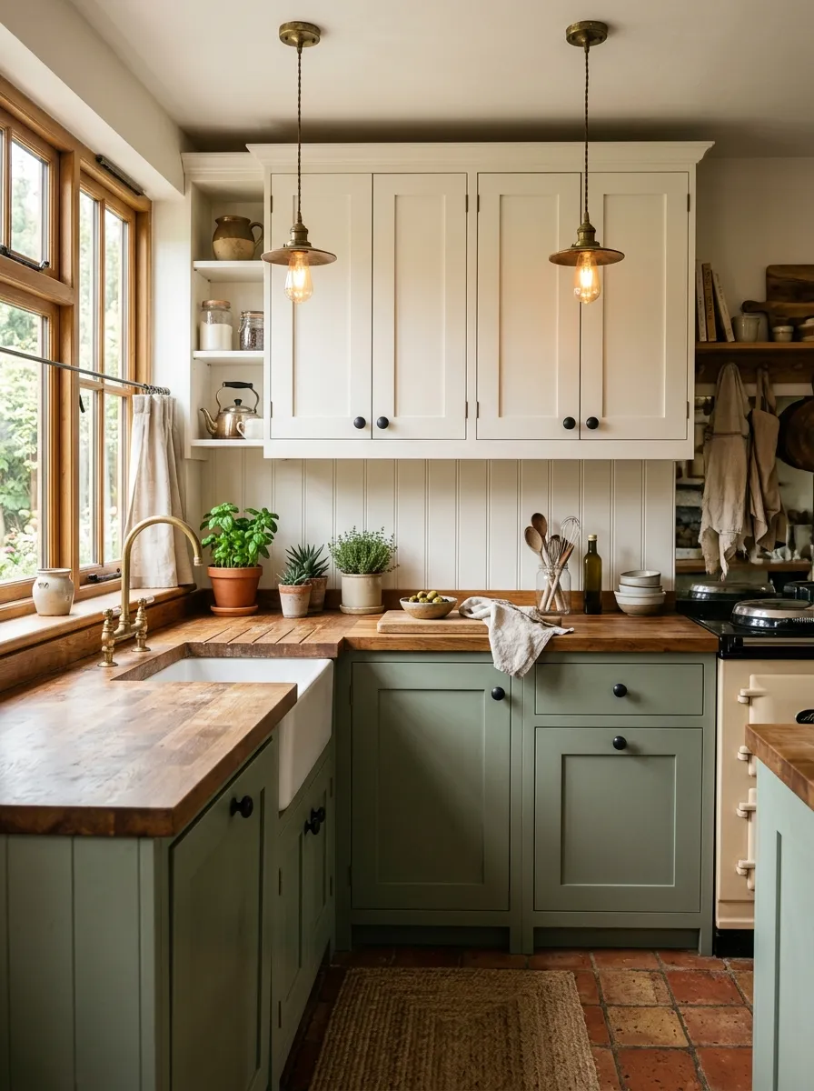 Sage green lower cabinets with warm white uppers and wood countertop in a cozy farmhouse two toned kitchen cabinet design