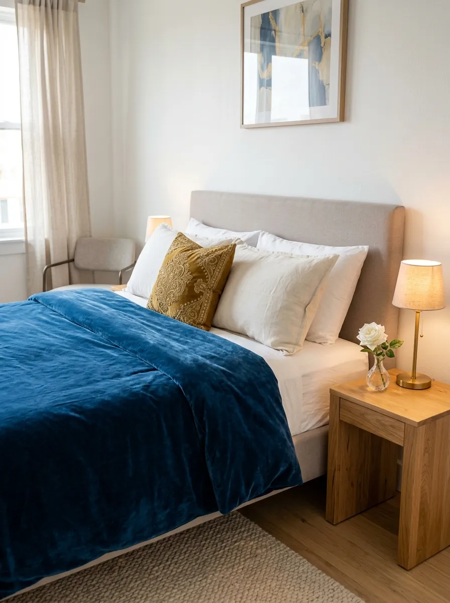 22 Colorful Apartment Decorating Ideas That Make Every Room Feel Bold, Stylish, and Cohesive 7 Deep sapphire blue velvet duvet on a modern apartment bed with gold pillow and warm lamp on oak nightstand