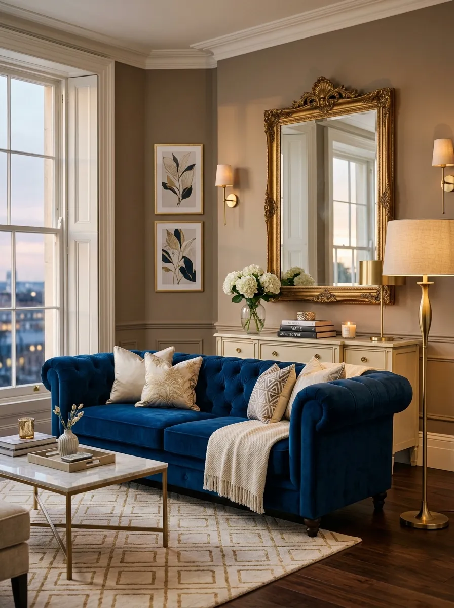 Deep sapphire blue velvet sofa with gold mirror, framed art, and warm floor lamp in a glamorous living room