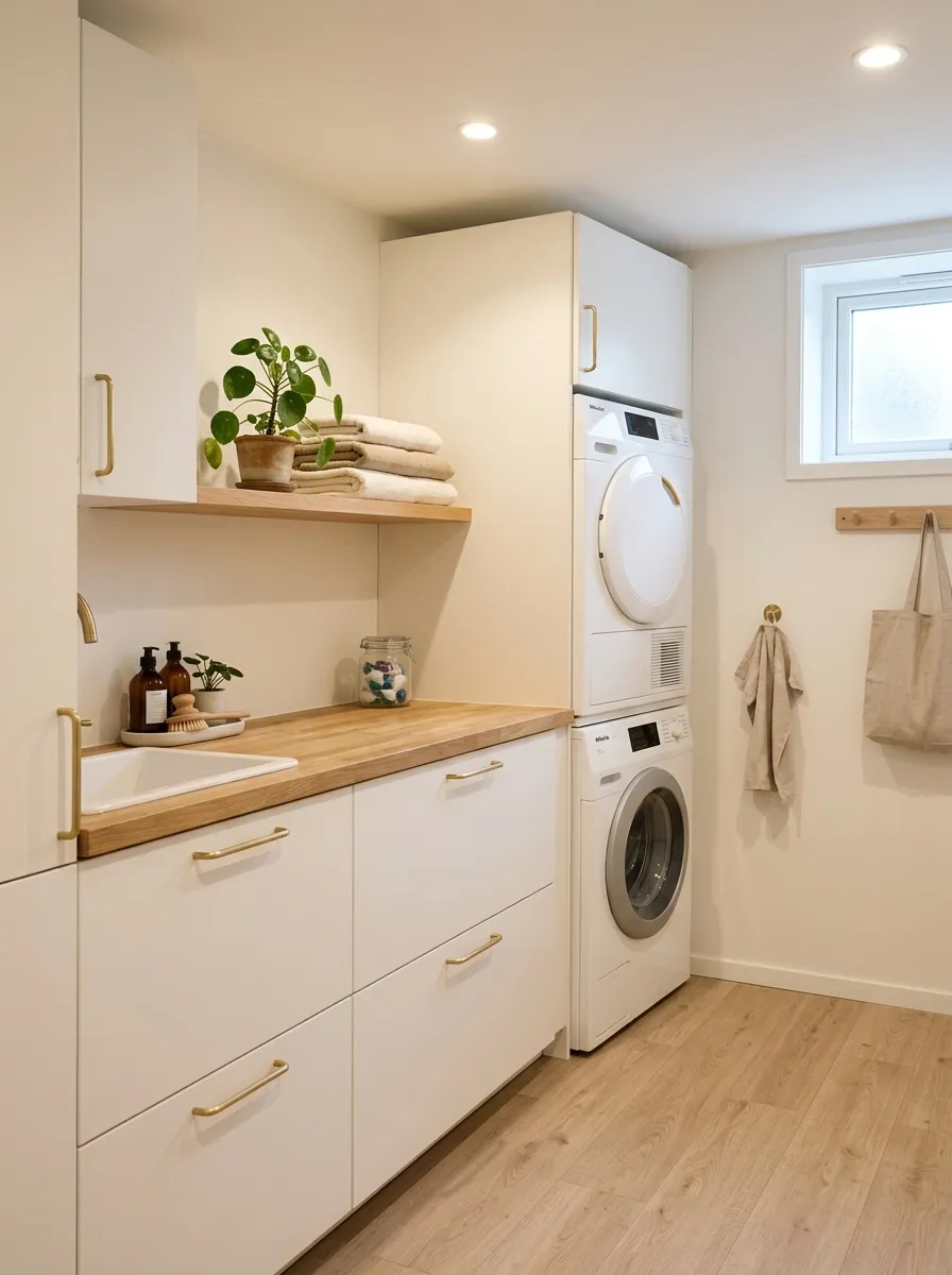 16 Basement Laundry Room Ideas That Use Smart Design Principles to Make Every Inch Work Better 12 Scandinavian basement laundry room with warm white flat front cabinets, light oak countertop, brushed brass hardware, and minimal open shelving