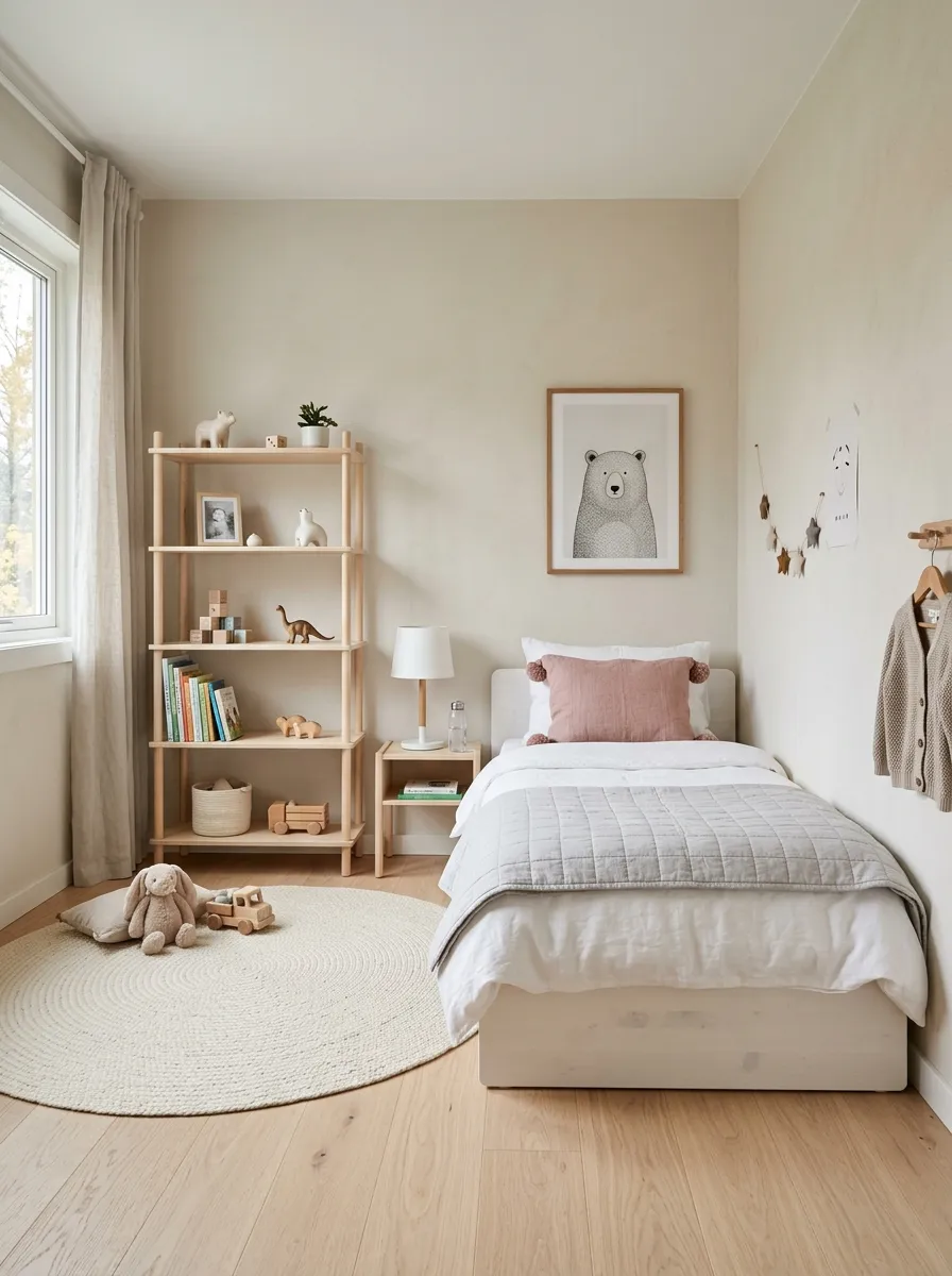 Cool kids room ideas inspired by Scandinavian design with a white platform bed, birch shelving, and a round cream rug
