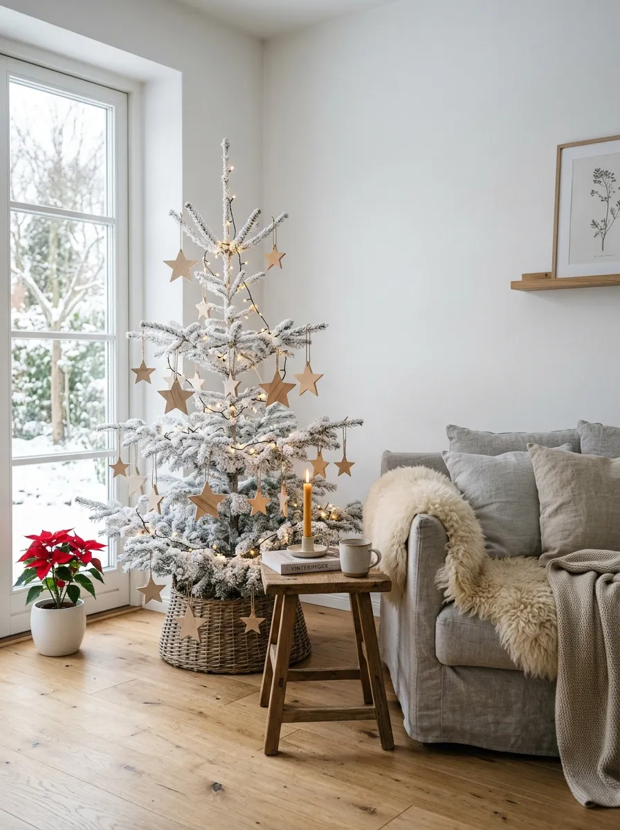A clean white Scandinavian Christmas living room with flocked tree, wooden ornaments, sheepskin throw, and beeswax candle for minimalist holiday decor