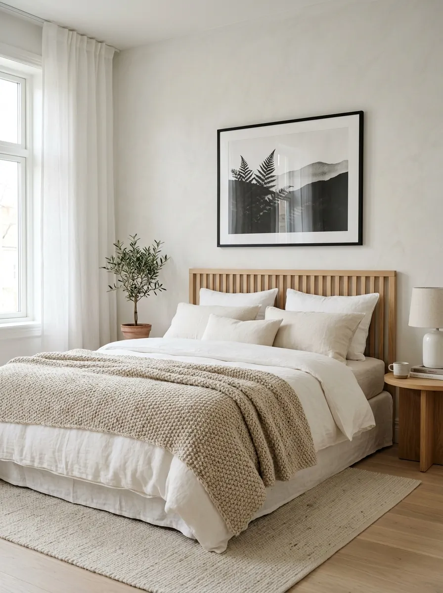 Scandinavian boutique bedroom with blond wood headboard, chunky knit throw, and sheer white curtains for a calm refined serene look