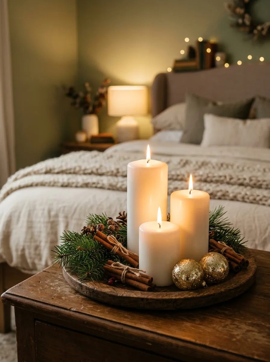 21 Christmas Bedroom Ideas That Make Your Space Feel Magical, Cozy, and Full of Holiday Charm 9 A bedroom dresser vignette with white pillar candles, pine sprigs, and gold ornaments for a cozy Christmas room decoration.