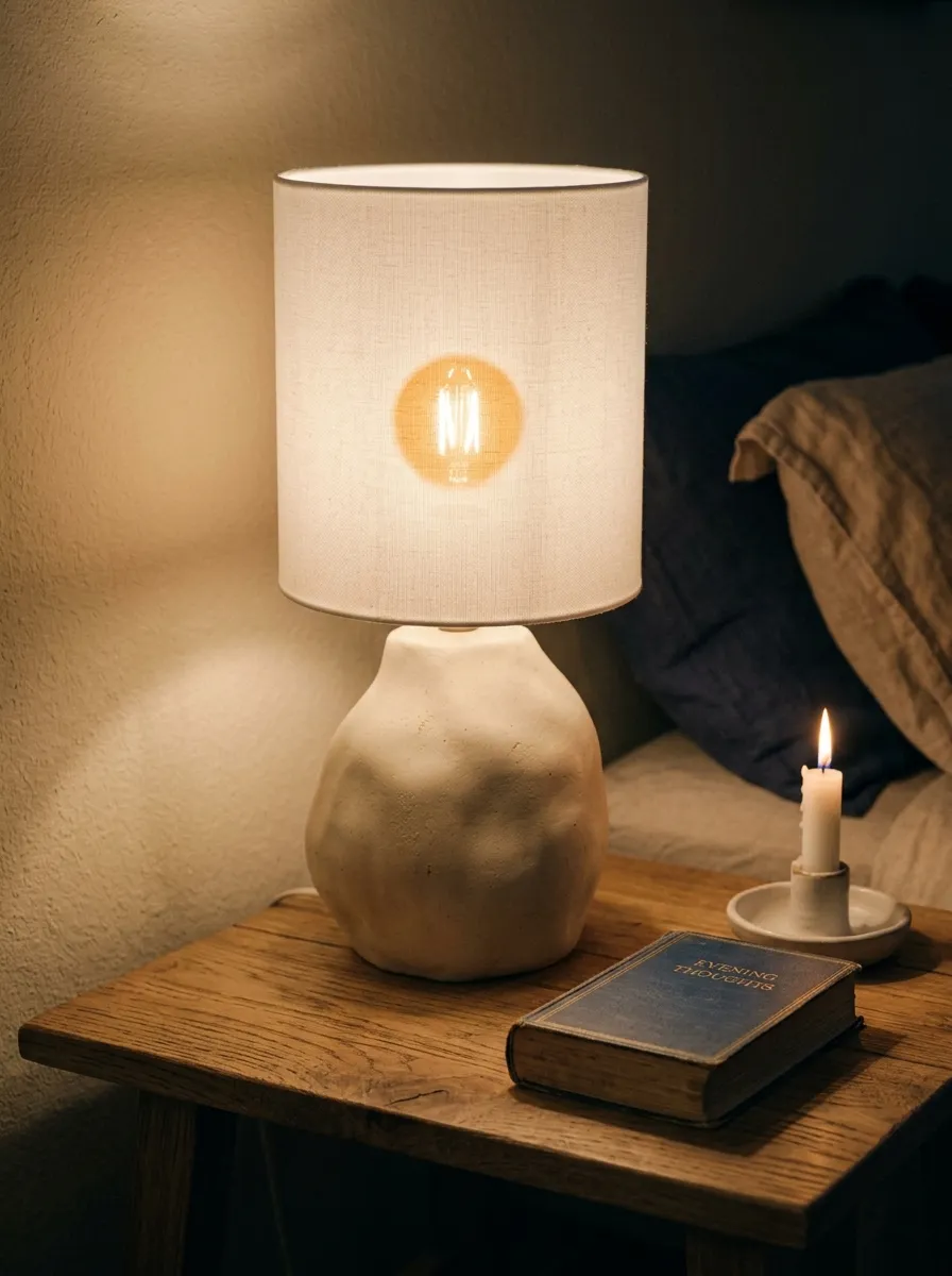 Organic cream ceramic sculptural lamp on an oak nightstand in a warm minimalist bedroom setting