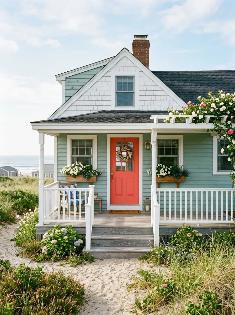 Coastal cottage in soft sea glass blue green with white trim and coral door, a breezy and joyful choice in curb appeal color schemes for 2026