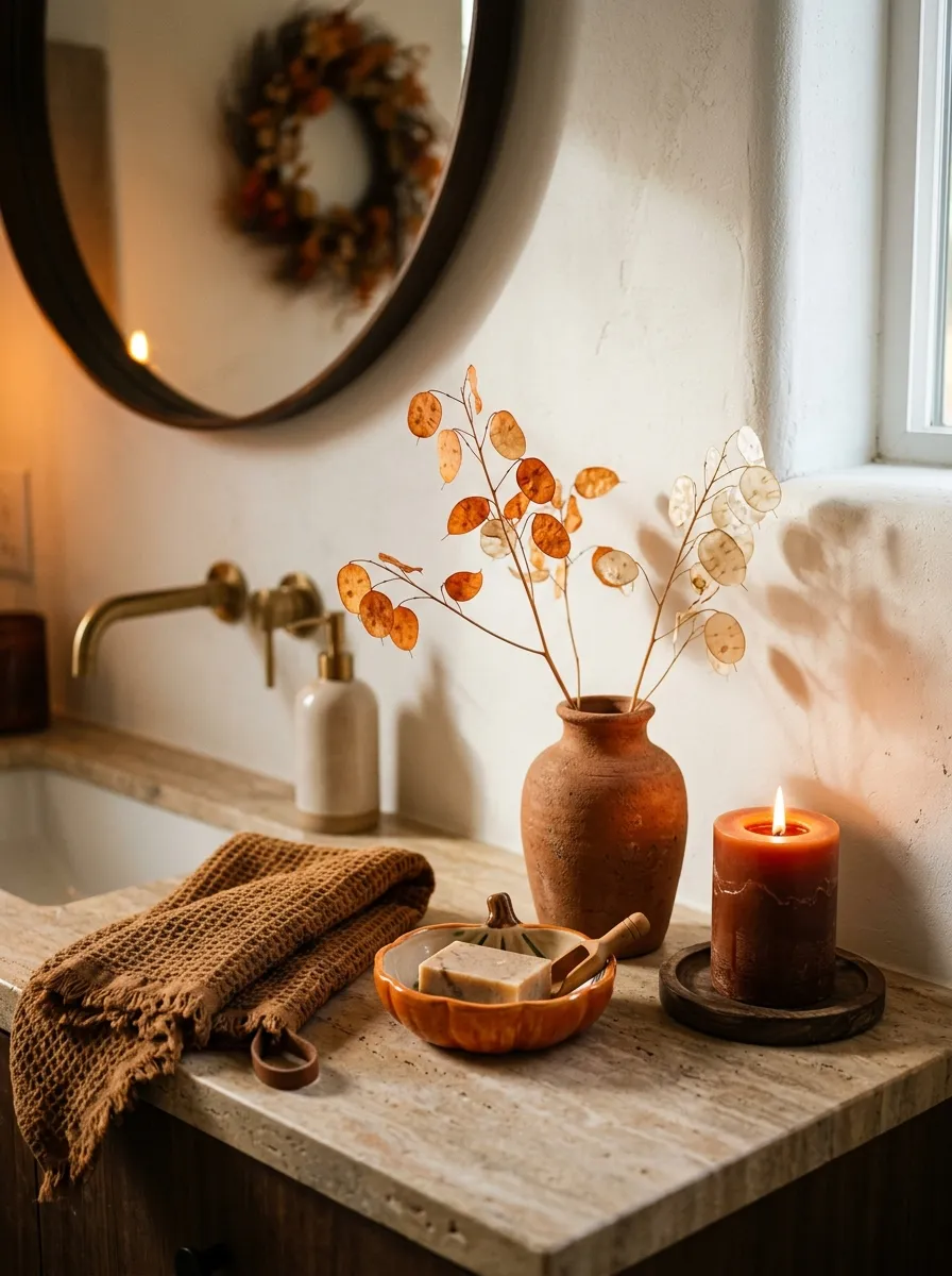 17 Bathroom Counter Styling Ideas for an Instant Aesthetic Glow Up That Looks Expensive 17 Bathroom counter styling seasonal refresh with autumn pumpkin dish, dried lunaria stems, and cinnamon candle