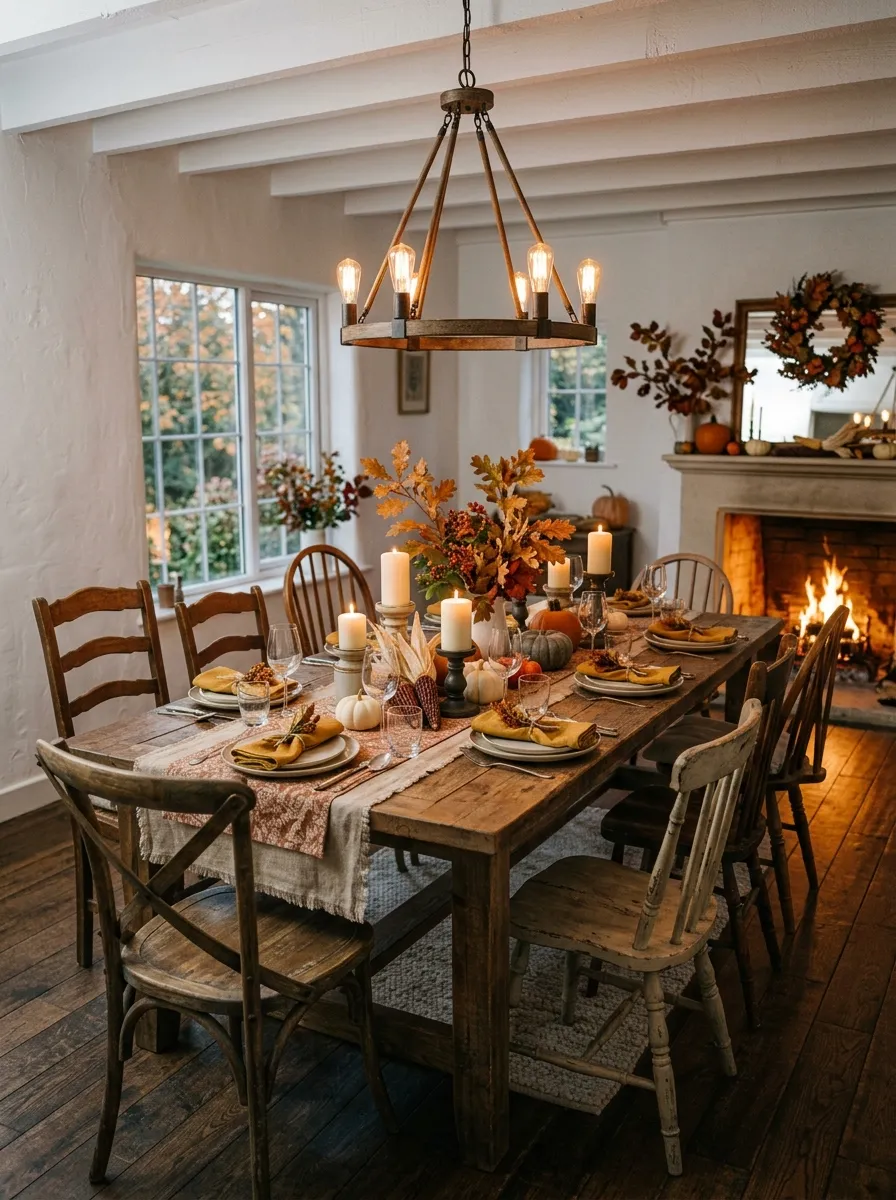 Modern farmhouse dining room with seasonal styling, layered textile runner, pillar candles, pumpkins, dried corn, and Edison chandelier
