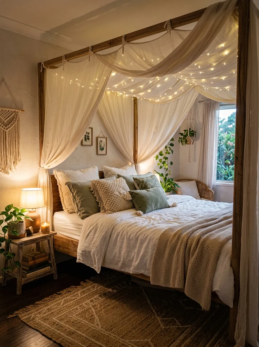 23 Curated Boho Bedroom Ideas for a Cozy, Inviting, and Effortlessly Stylish Retreat 8 Sheer cream fabric canopy with fairy lights draped on a wooden four poster bed for dreamy Boho bedroom ideas