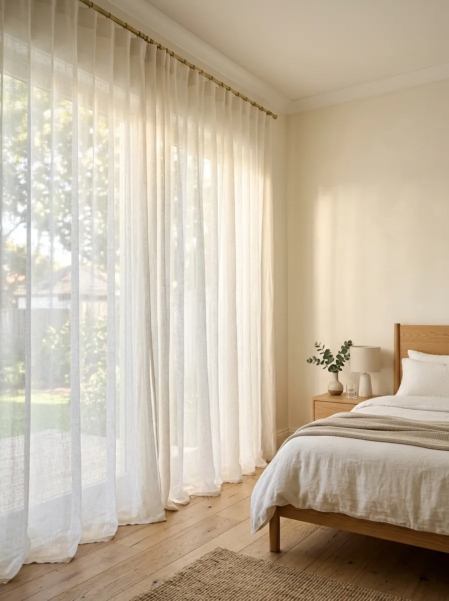 Floor to ceiling sheer linen curtains in off white filtering morning light in a timeless bedroom decor style