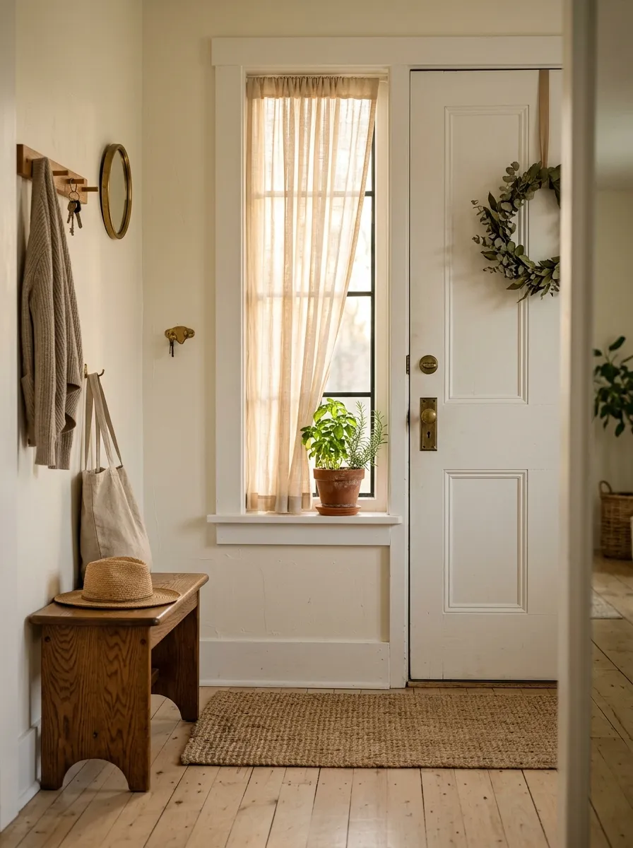 Natural linen curtain panel on sidelight window in farmhouse front entry with warm diffused afternoon sunlight and potted herb on sill