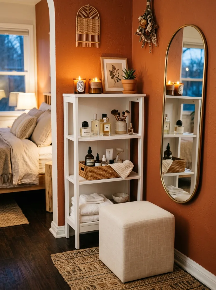 19 Small Bedroom Vanity Ideas to Create an Instagram Worthy Beauty Space With Style 12 Vertical shelf unit styled as a small bedroom vanity with linen stool and boho decor arrangement