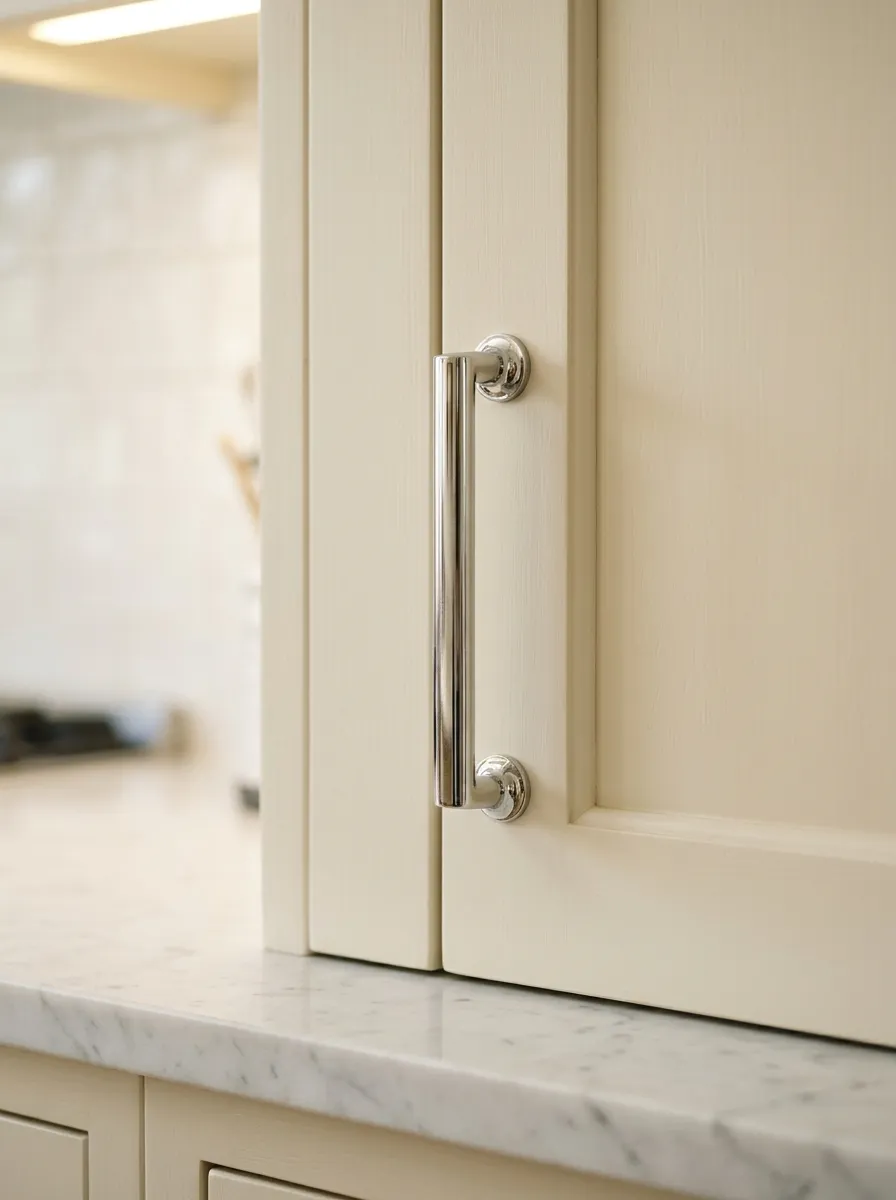 Close up of chrome bar pull hardware on cream shaker cabinets in a retro inspired kitchen with marble countertop