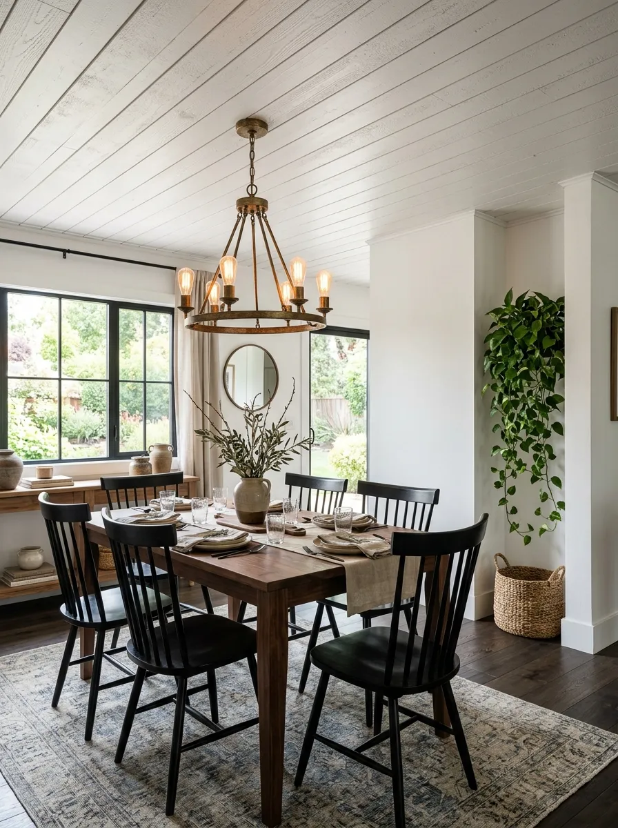 Modern farmhouse dining room with white shiplap ceiling, dark walnut table, black Windsor chairs, aged brass chandelier, and corner plant