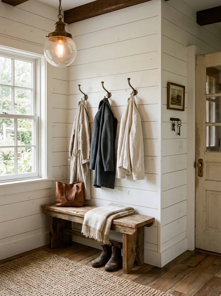 White shiplap farmhouse entryway with reclaimed wood bench, bronze hooks, and woven jute rug for rustic entryway ideas