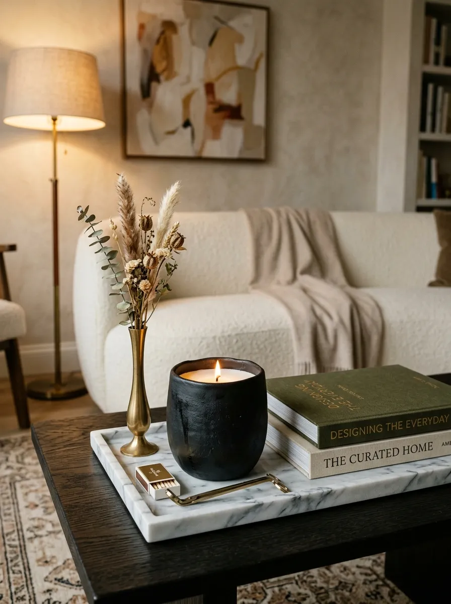 25 Luxury Living Room Ideas That Reveal the Design Details Most People Completely Overlook 12 Sculptural ceramic candle vessel on a marble tray styled as decor in a living room design ideas vignette