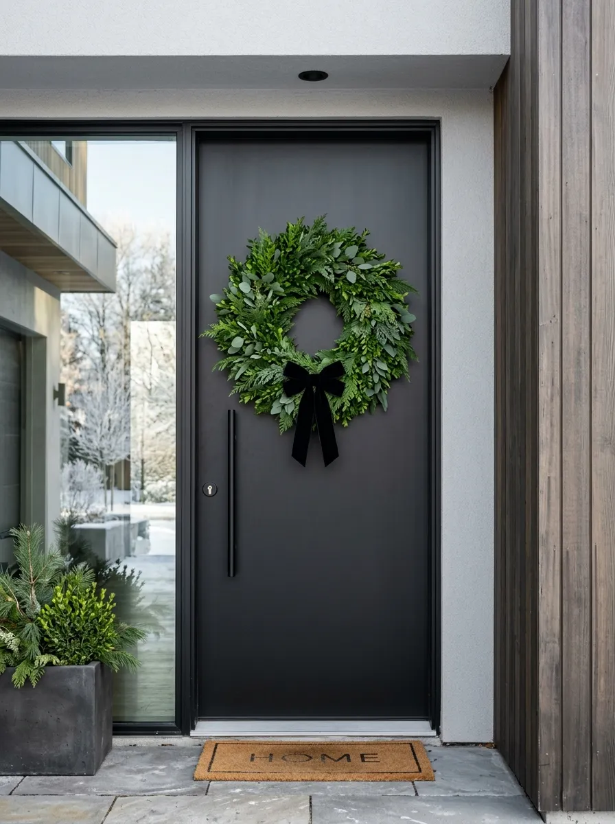 21 Christmas Wreath Ideas That Make Your Front Door the Most Beautiful on the Street 10 A clean minimalist Christmas wreath of dense boxwood and eucalyptus with a single black bow on a modern black front door