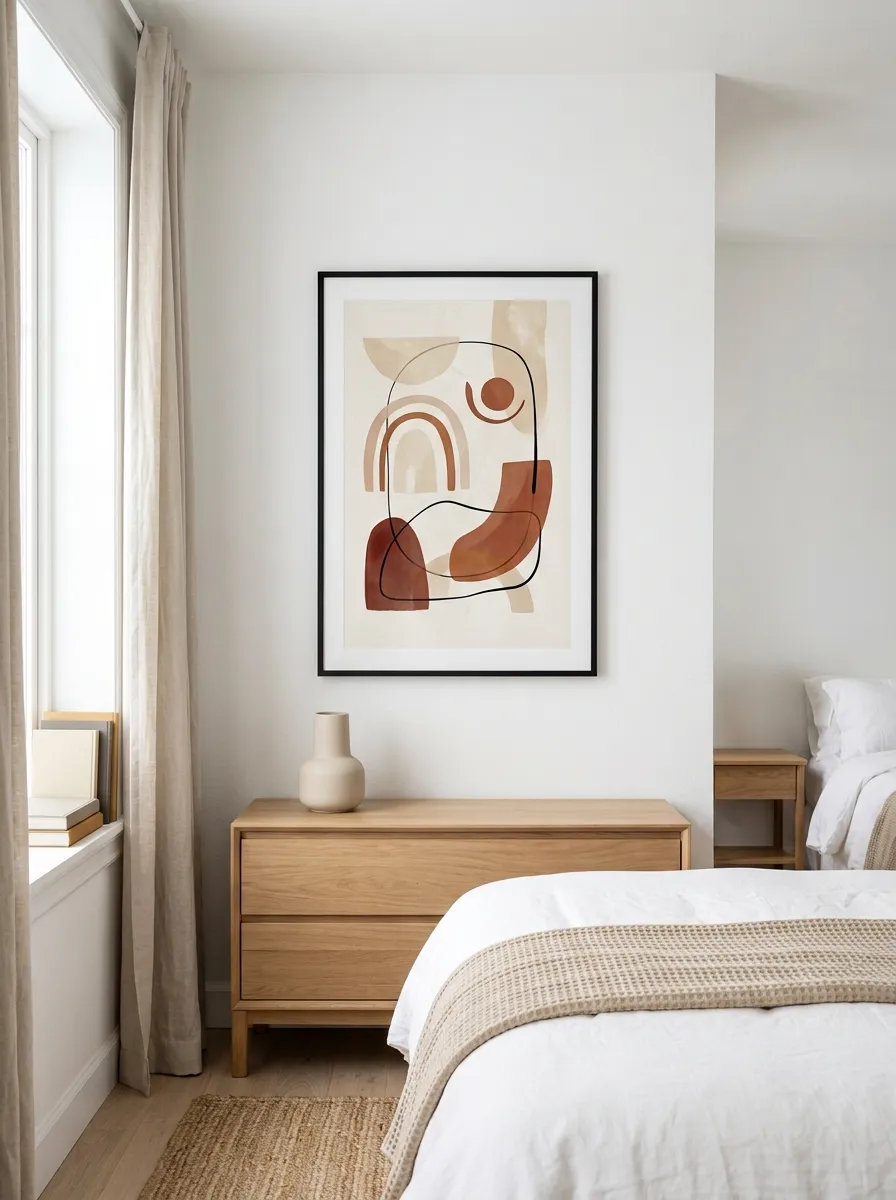 One large black framed abstract print above a dresser in a clean modern minimalist bedroom