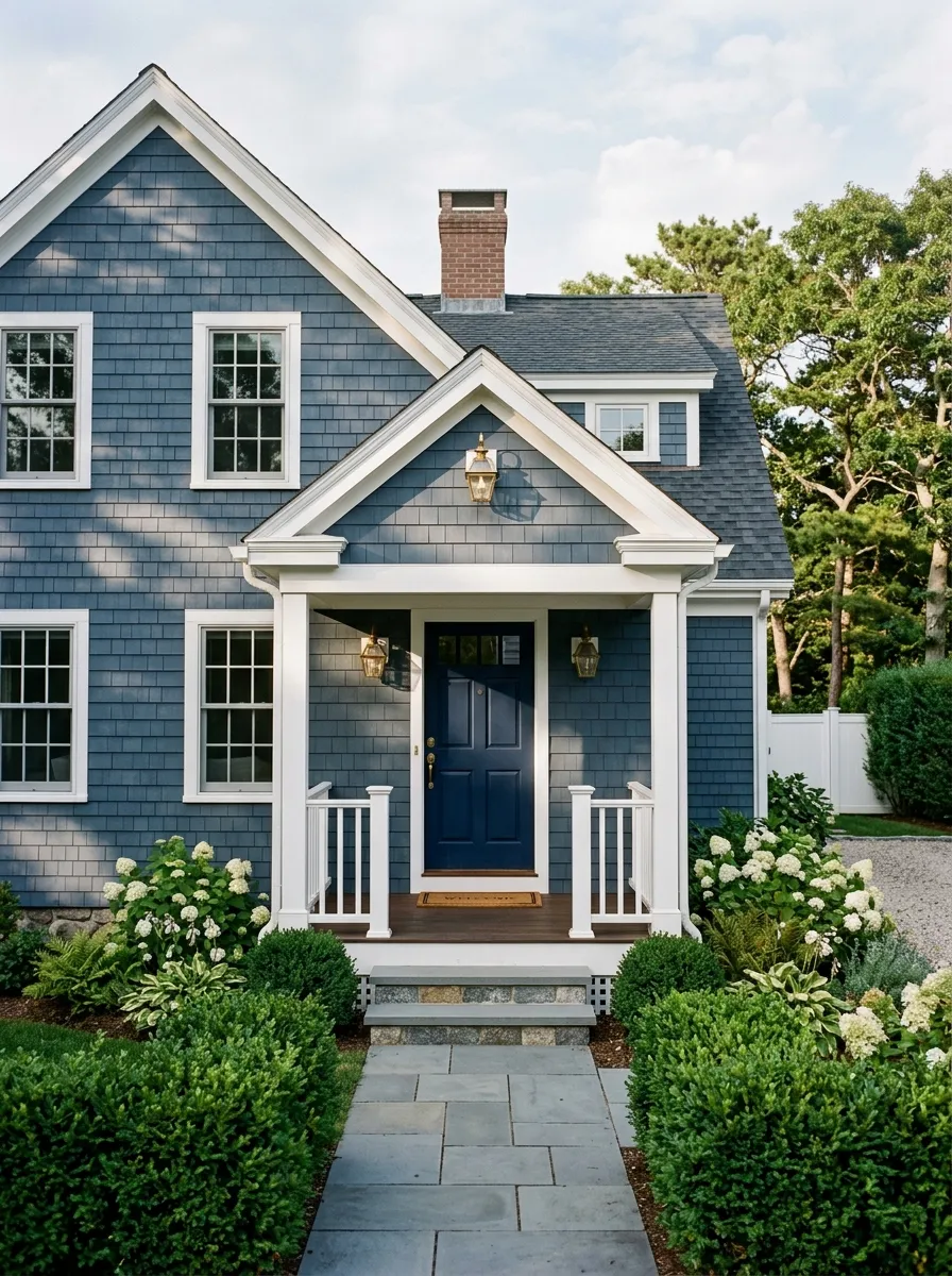Slate blue Cape Cod home exterior with white trim and navy door, capturing one of the most striking curb appeal color schemes for 2026