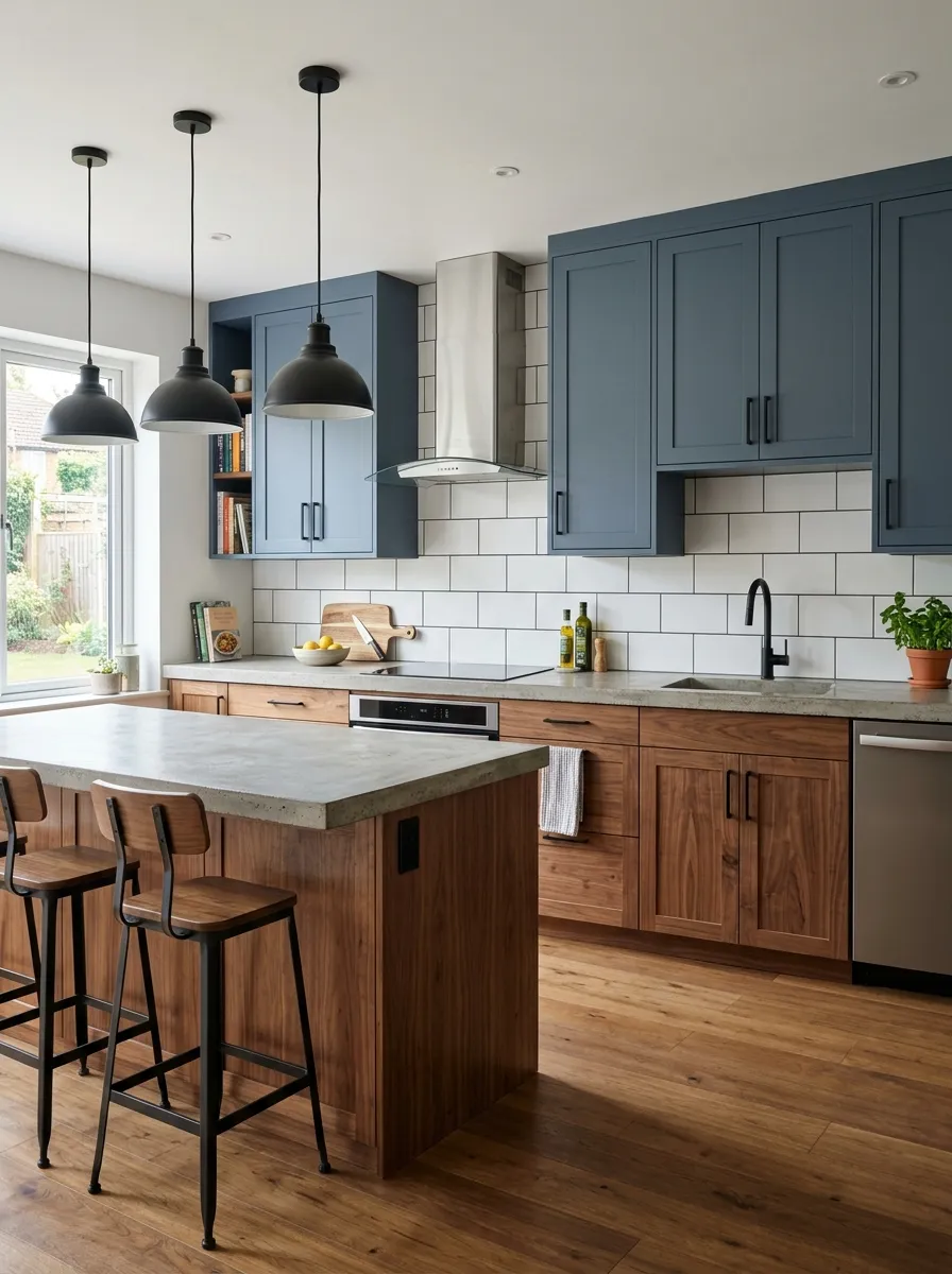 Slate blue upper cabinets with warm walnut lower cabinets and matte black hardware in a transitional two toned kitchen cabinet design