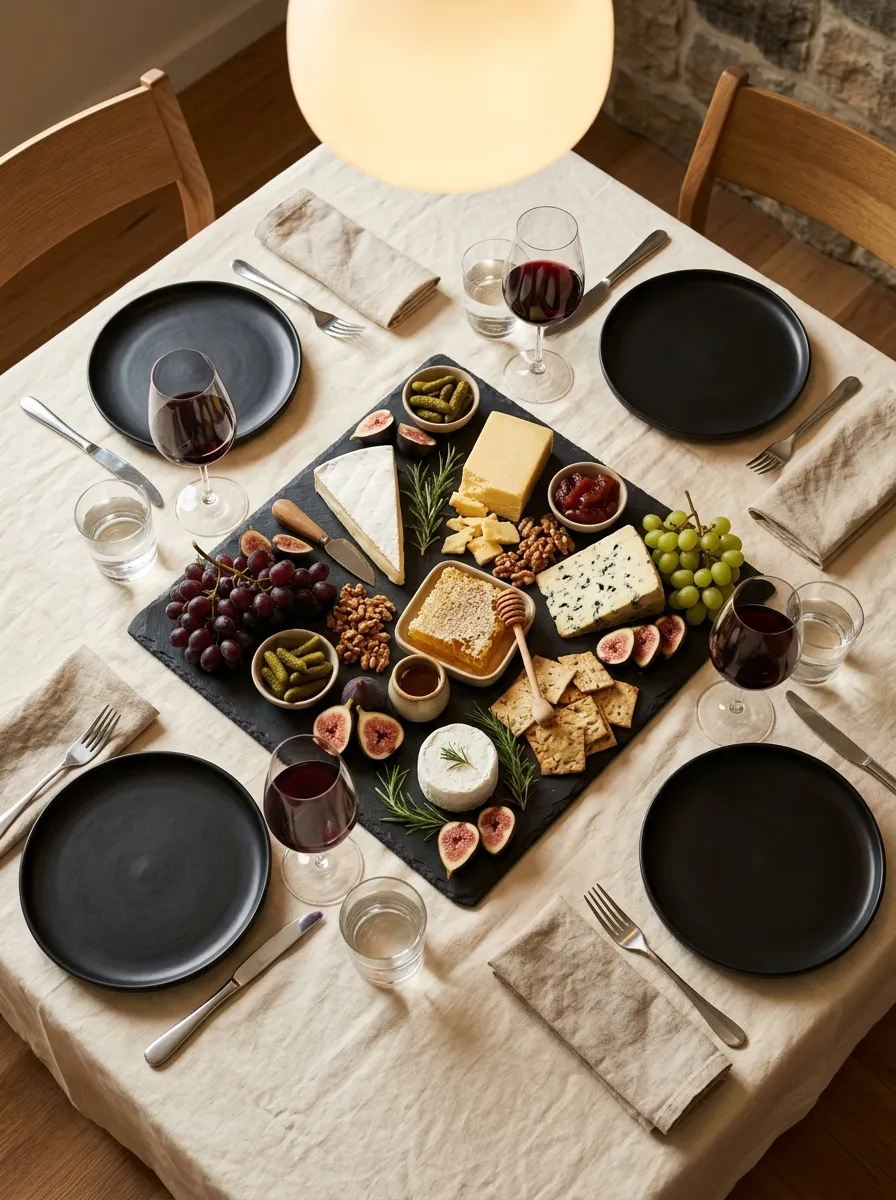 Dark slate charcuterie board with figs grapes and walnuts as an elegant table decor without flowers centerpiece