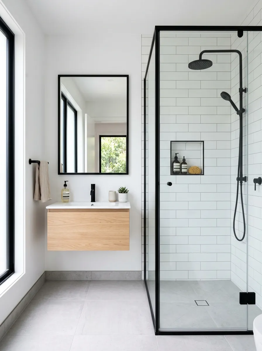 18 Black and White Bathroom Ideas That Photograph Beautifully and Look Just as Good in Real Life 9 Modern bathroom with slim black framed glass shower enclosure and white subway tile interior
