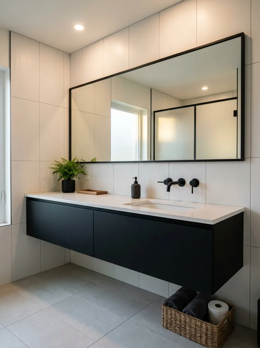 18 Black and White Bathroom Ideas That Photograph Beautifully and Look Just as Good in Real Life 12 Matte black floating vanity with white quartz countertop and integrated sink in minimalist bathroom