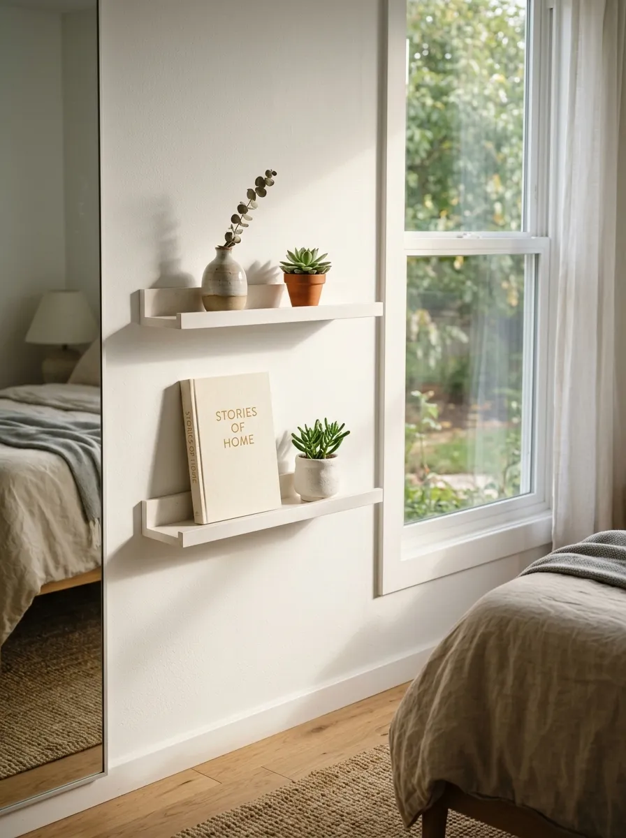 White floating shelves with ceramic vase and succulent beside a window in a minimalist bedroom