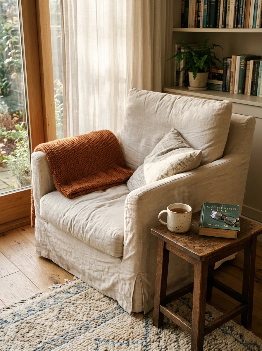 Cream linen slipcovered armchair near a window in a Nancy Meyers home aesthetic bedroom