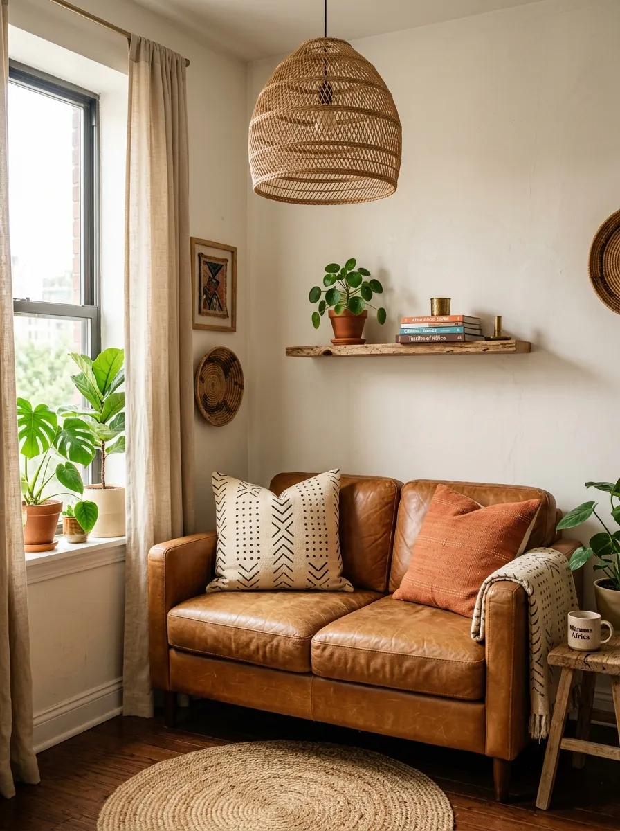 23 Afro Boho Living Room Ideas That Feel Warm, Authentic, Stylish, and Truly Lived In 18 Compact Afro Boho Living Room with loveseat sofa, mudcloth cushions, jute rug, and pendant light in small apartment