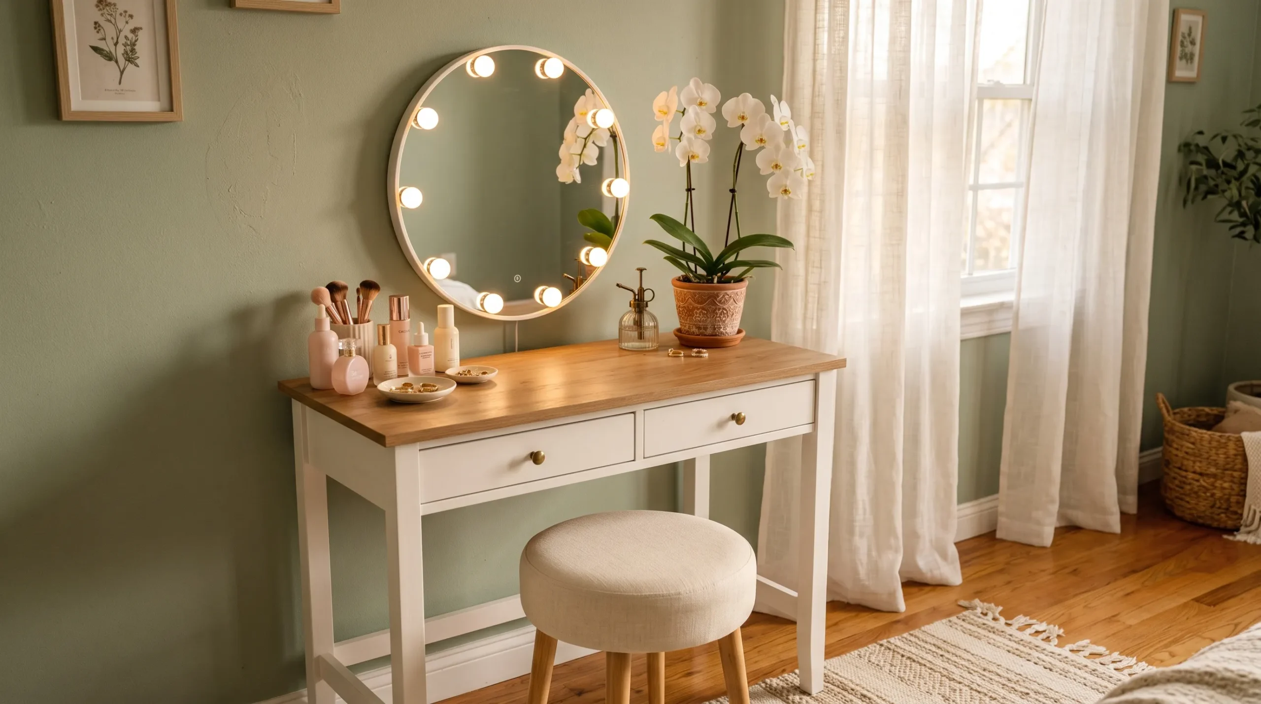 Small bedroom vanity ideas with a white wooden table, Hollywood mirror, and soft sage green wall in a cozy setup