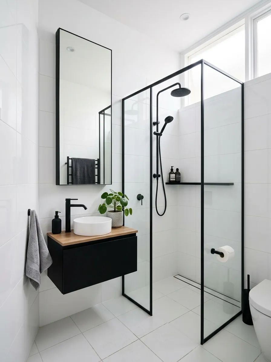 18 Black and White Bathroom Ideas That Photograph Beautifully and Look Just as Good in Real Life 18 Small black and white bathroom with slim floating vanity, large format white tiles, and black framed glass shower