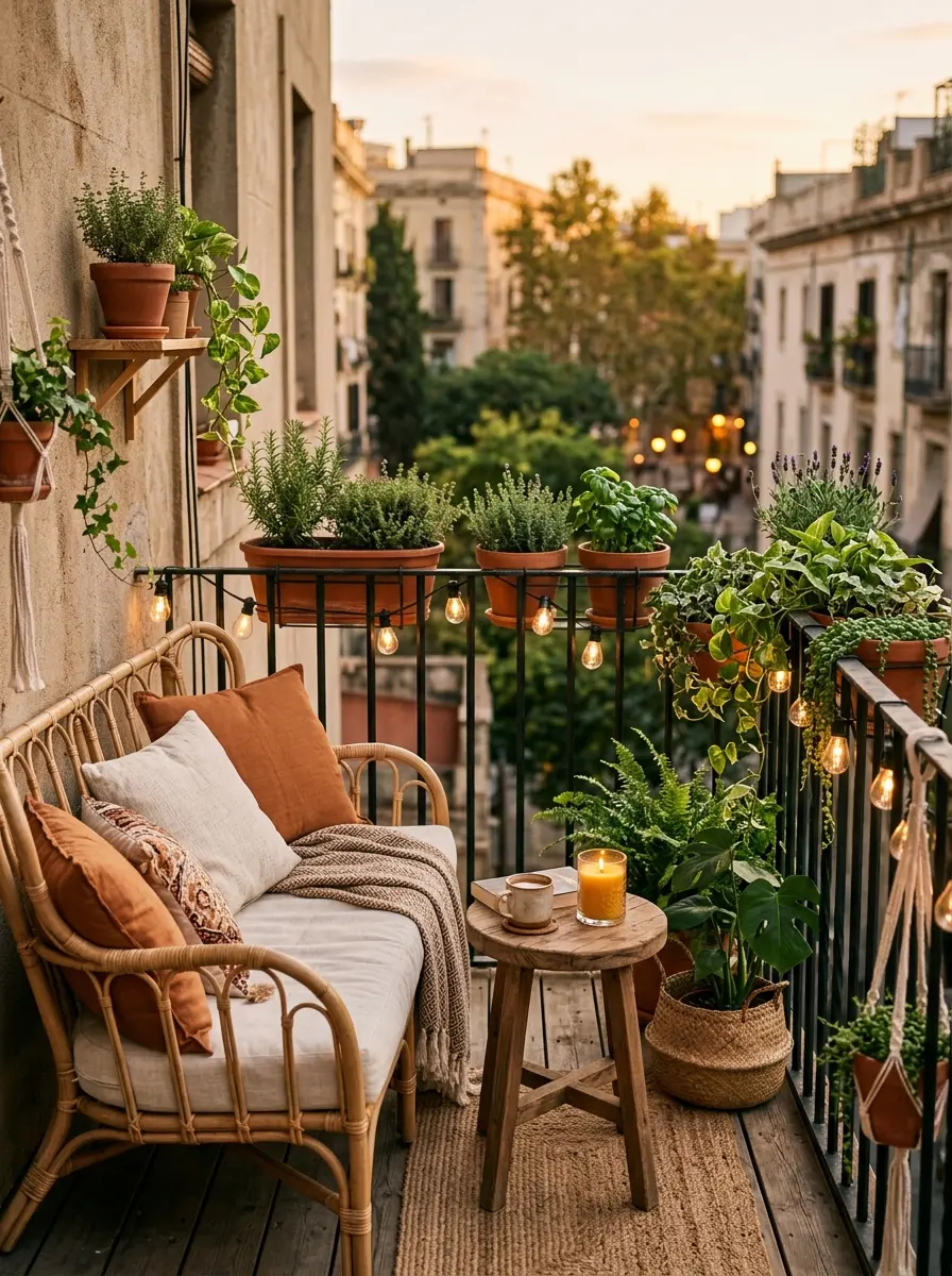 22 Boho Apartment Ideas That Turn Small Spaces Into Soulful, Cozy, and Stylish Sanctuaries 22 A small Boho apartment balcony with a rattan loveseat, terracotta plant pots, string lights, and a wooden table in warm golden evening light.