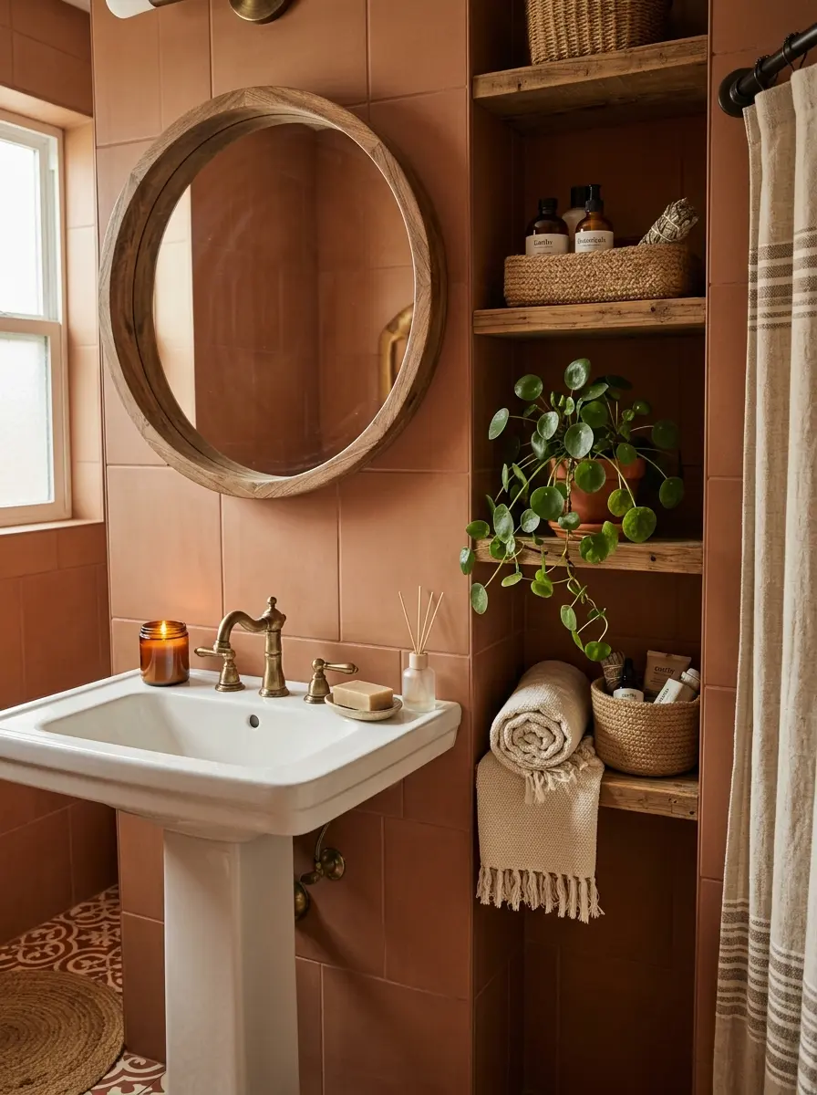 22 Boho Apartment Ideas That Turn Small Spaces Into Soulful, Cozy, and Stylish Sanctuaries 14 A small Boho apartment bathroom with a round wood framed mirror, woven basket storage, trailing plants, and a linen hand towel on earthy tiles.