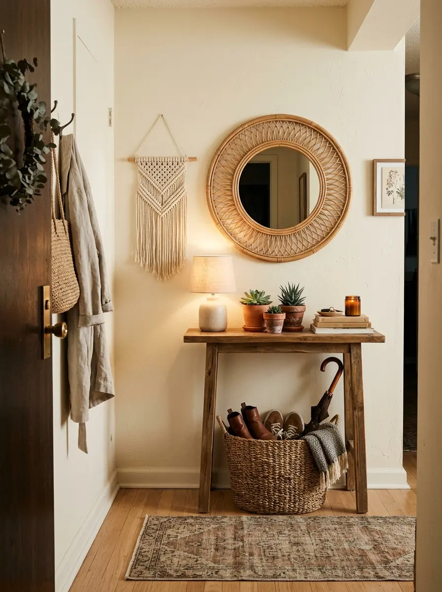 22 Boho Apartment Ideas That Turn Small Spaces Into Soulful, Cozy, and Stylish Sanctuaries 16 A small Boho apartment entryway with a narrow wooden console, round rattan mirror, macramé, and terracotta succulent pots in warm amber light.