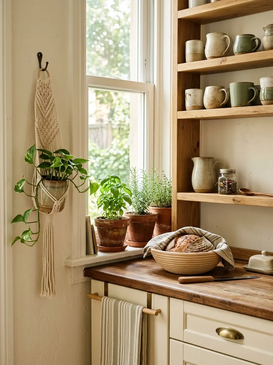 22 Boho Apartment Ideas That Turn Small Spaces Into Soulful, Cozy, and Stylish Sanctuaries 11 A small Boho apartment kitchen with ceramic mugs on open shelves, terracotta herb pots on the window sill, and a woven bread basket.