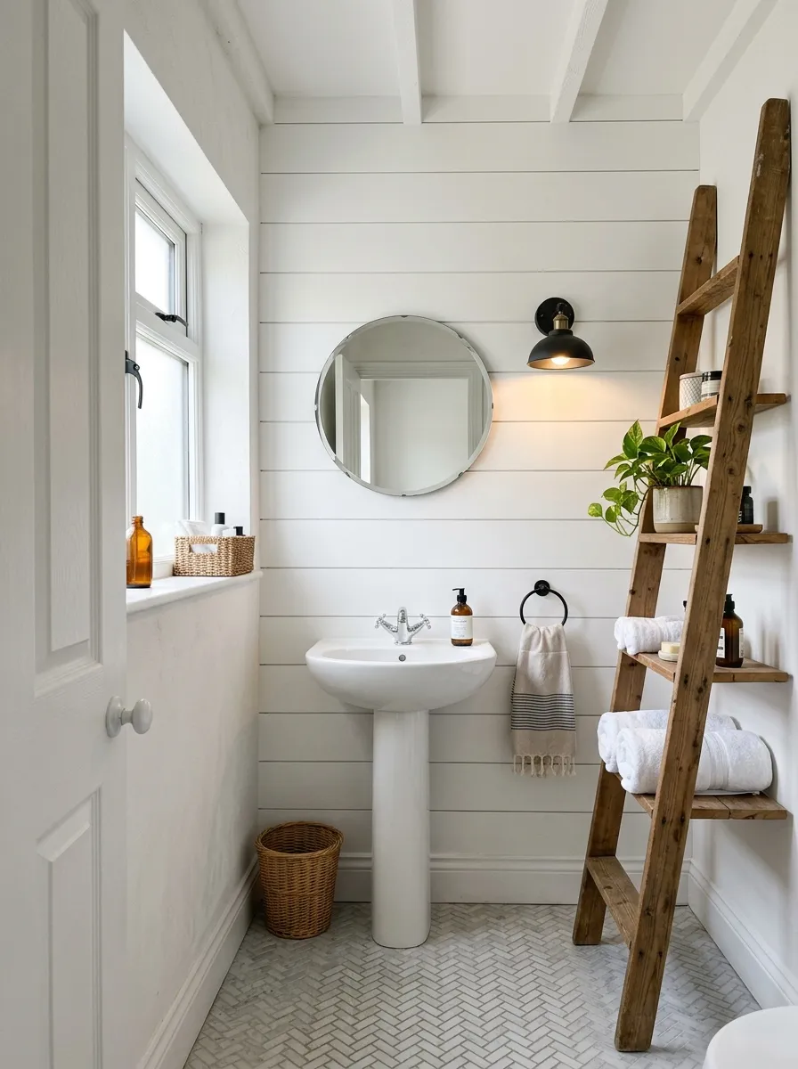 Small farmhouse bathroom with floor to ceiling shiplap, ladder shelf, and pedestal sink maximizing vertical space in a compact layout
