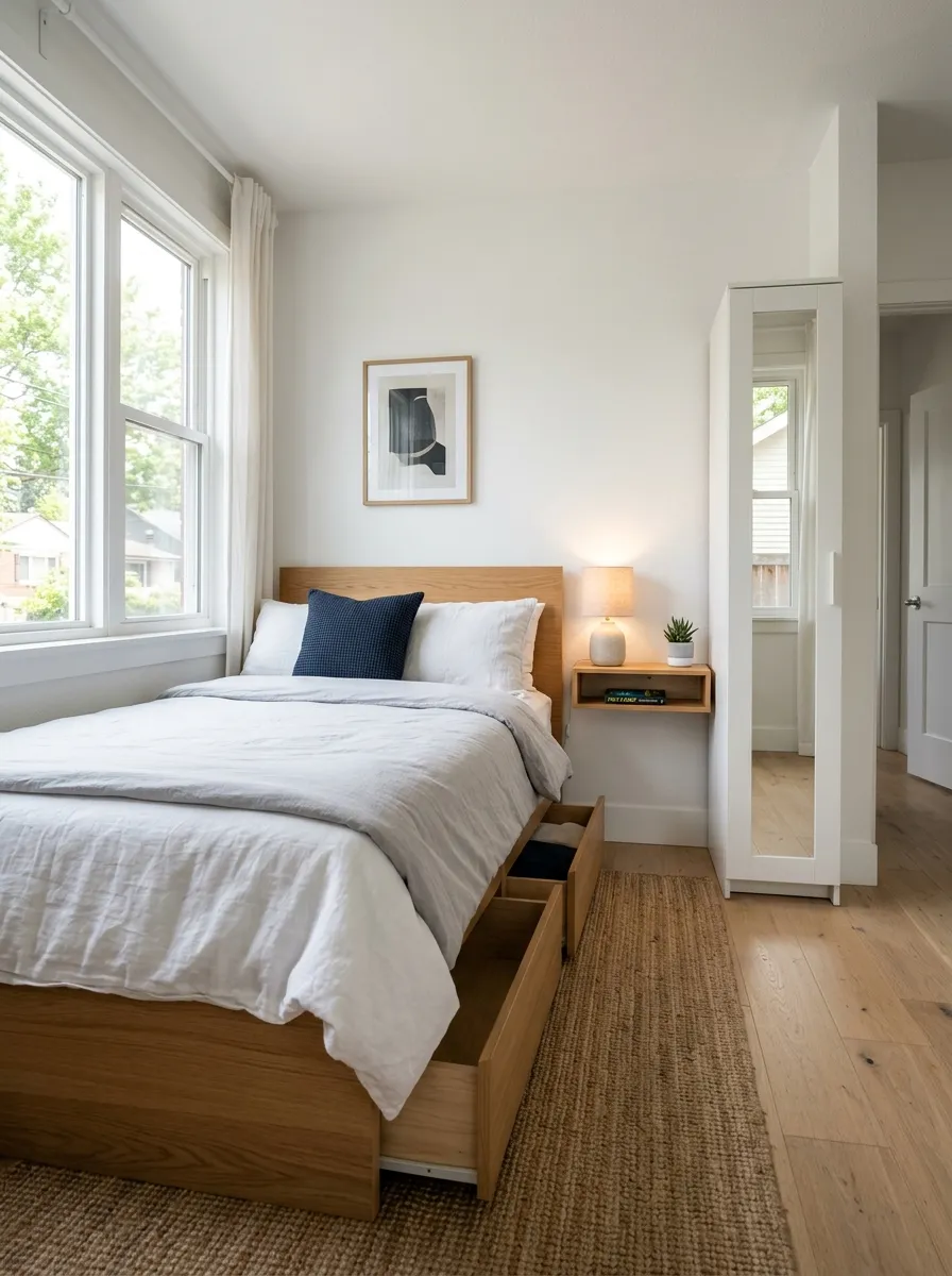 18 Inspiring Guest Bedroom Ideas That Create a Warm, Cozy, and Memorable Stay 17 Compact guest bedroom with platform bed with storage drawers and wall mounted bedside shelf for small room layout