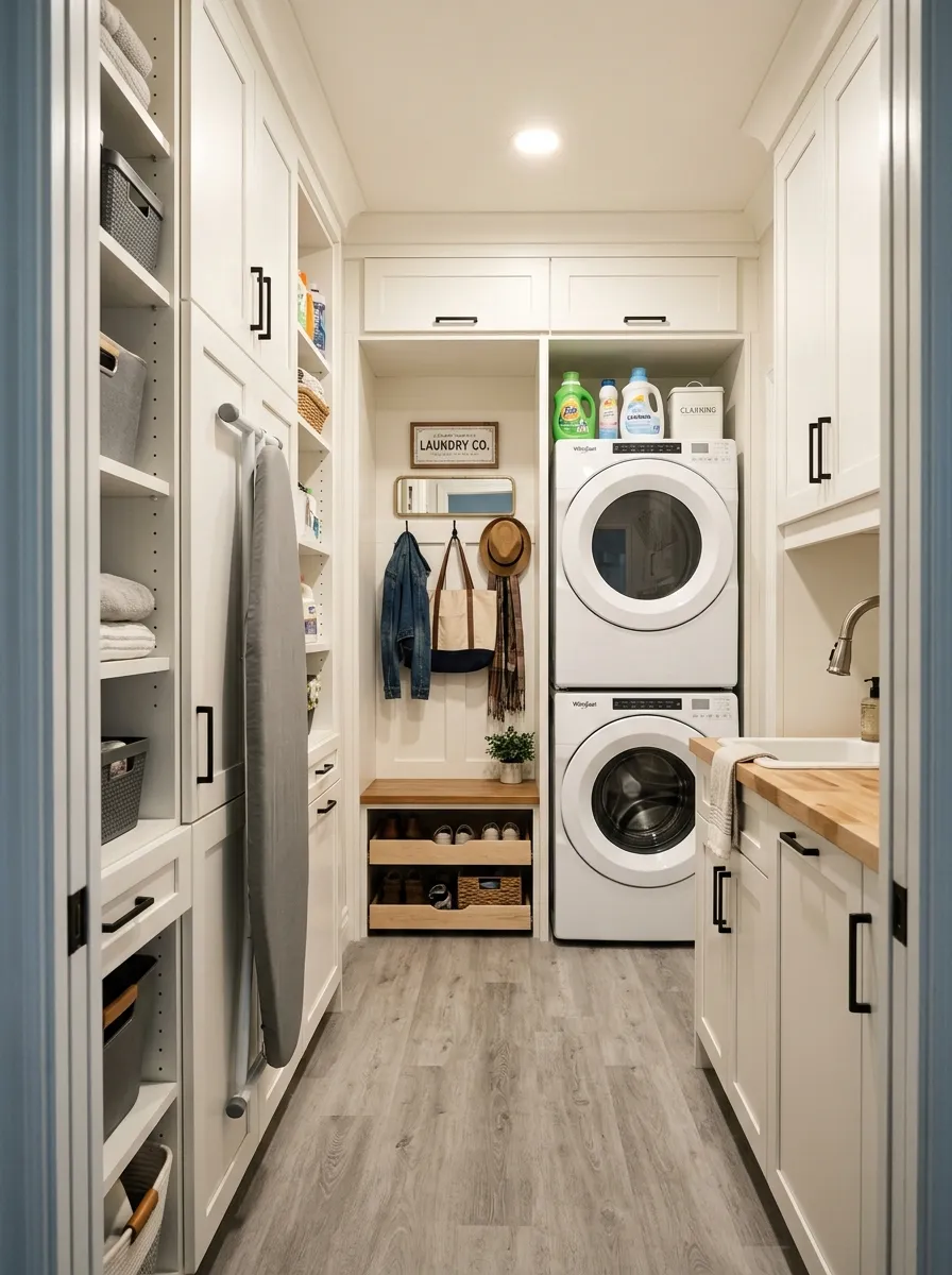 Narrow small mudroom laundry room with stacked appliances, fold down ironing board, and floor to ceiling white cabinetry