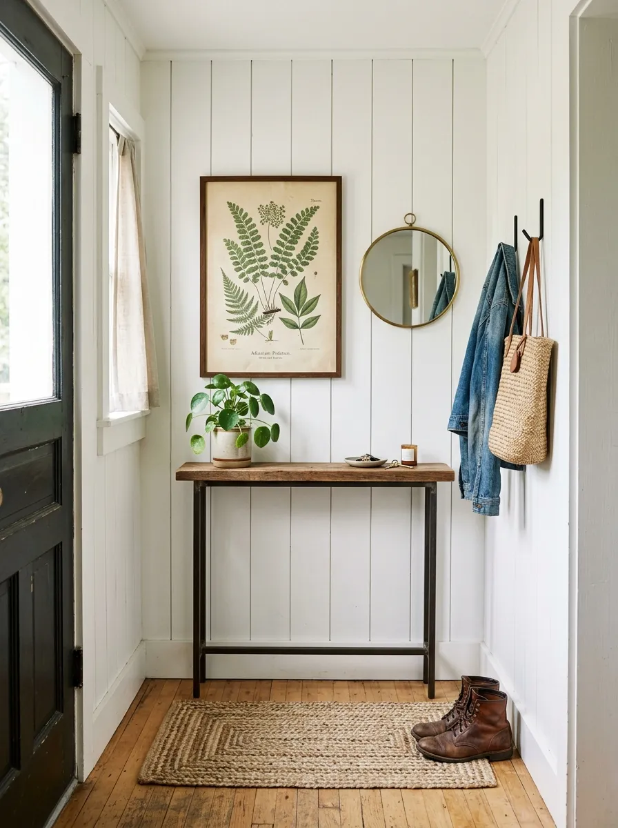 Small narrow farmhouse entryway with slim console table, vintage botanical print, round mirror, compact rug, and matte black hook