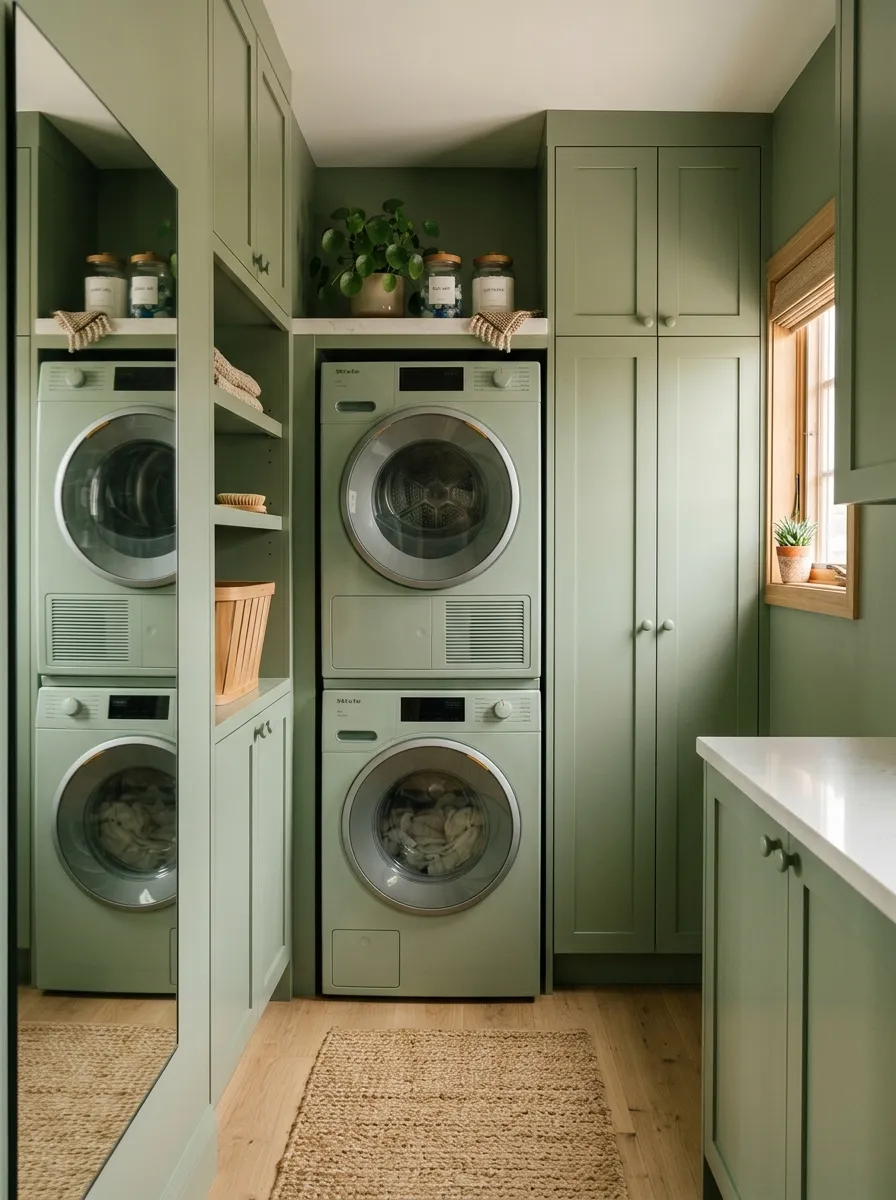 18 Green Laundry Room Ideas That Prove This Color Is More Than Just a Passing Design Trend 15 Small green laundry room with stacked washer and dryer, sage green ceiling height cabinetry, large mirror, and natural oak countertop