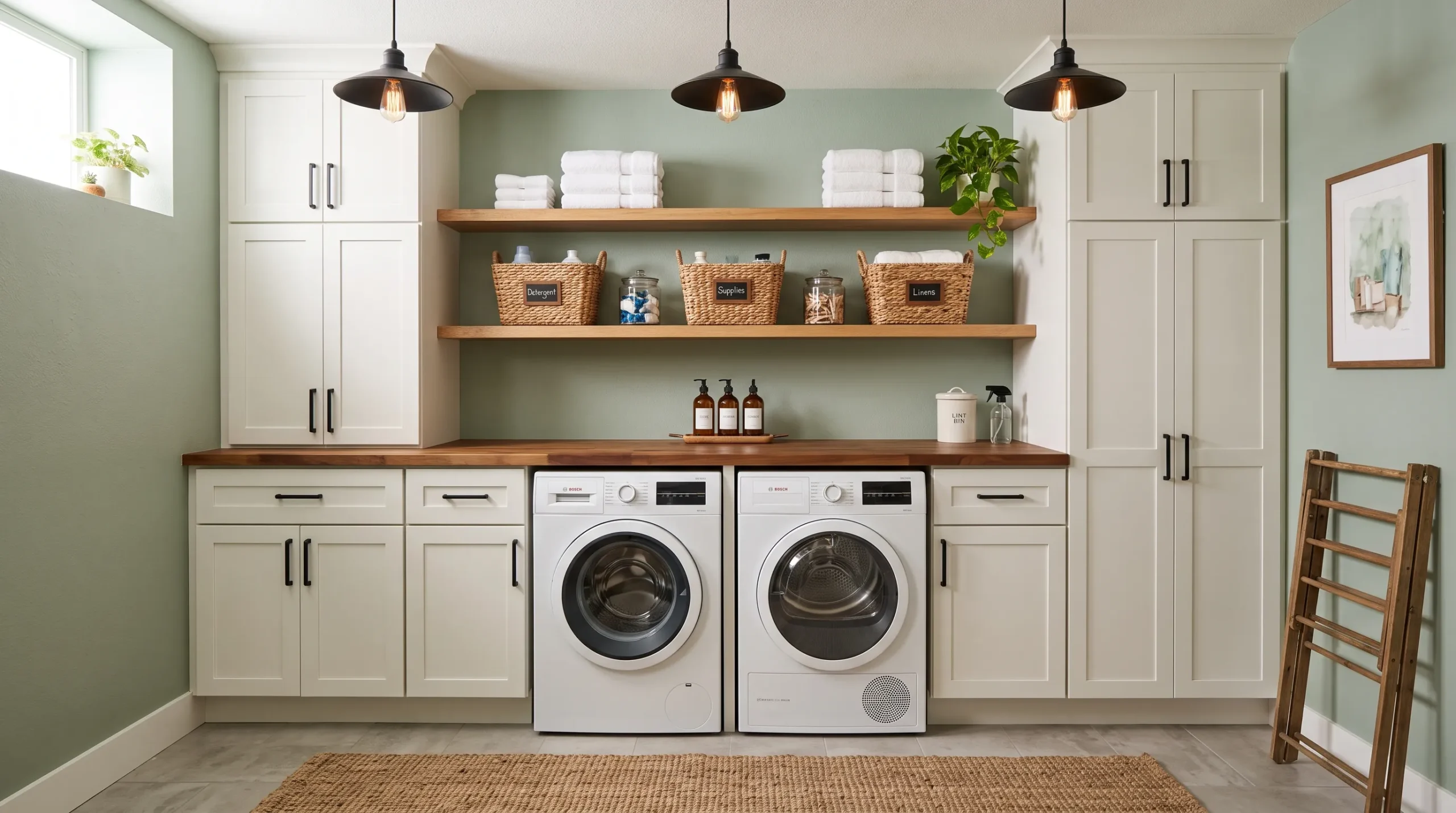16 Basement Laundry Room Ideas That Use Smart Design Principles to Make Every Inch Work Better 2 Organized basement laundry room with white shaker cabinets, butcher block counter, and warm pendant lighting over front load machines