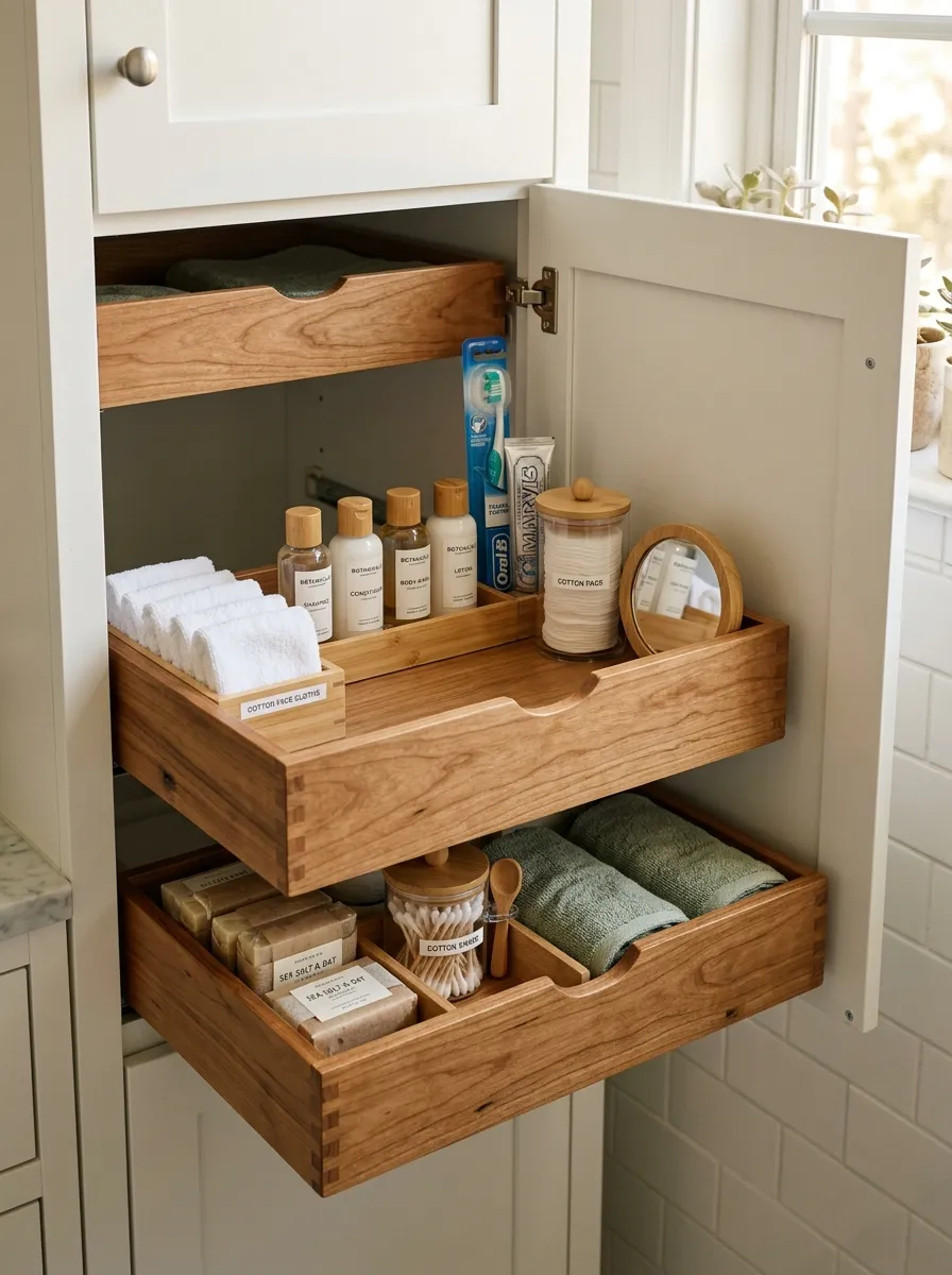 Organized guest bathroom drawer with wooden inserts, travel toiletries, cotton pads, and folded face cloths