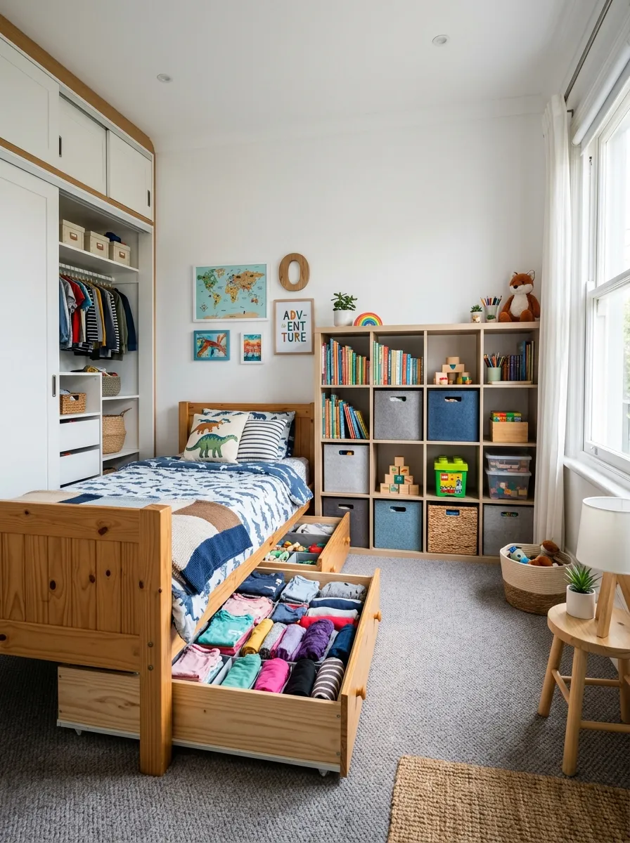 Big kids bedroom ideas with smart storage solutions including under-bed drawers, cube organizers, and sliding wardrobe doors