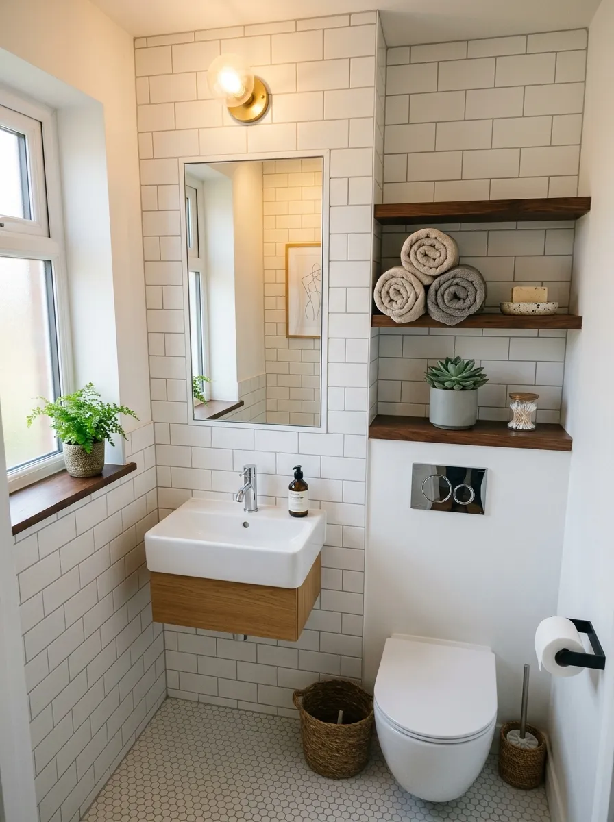 16 Half Bathroom Ideas That Maximize Style, Function, and Impact in a Small Space 16 Smart half bathroom storage with recessed medicine cabinet, narrow floating shelves, wall mounted toilet, and white subway tile
