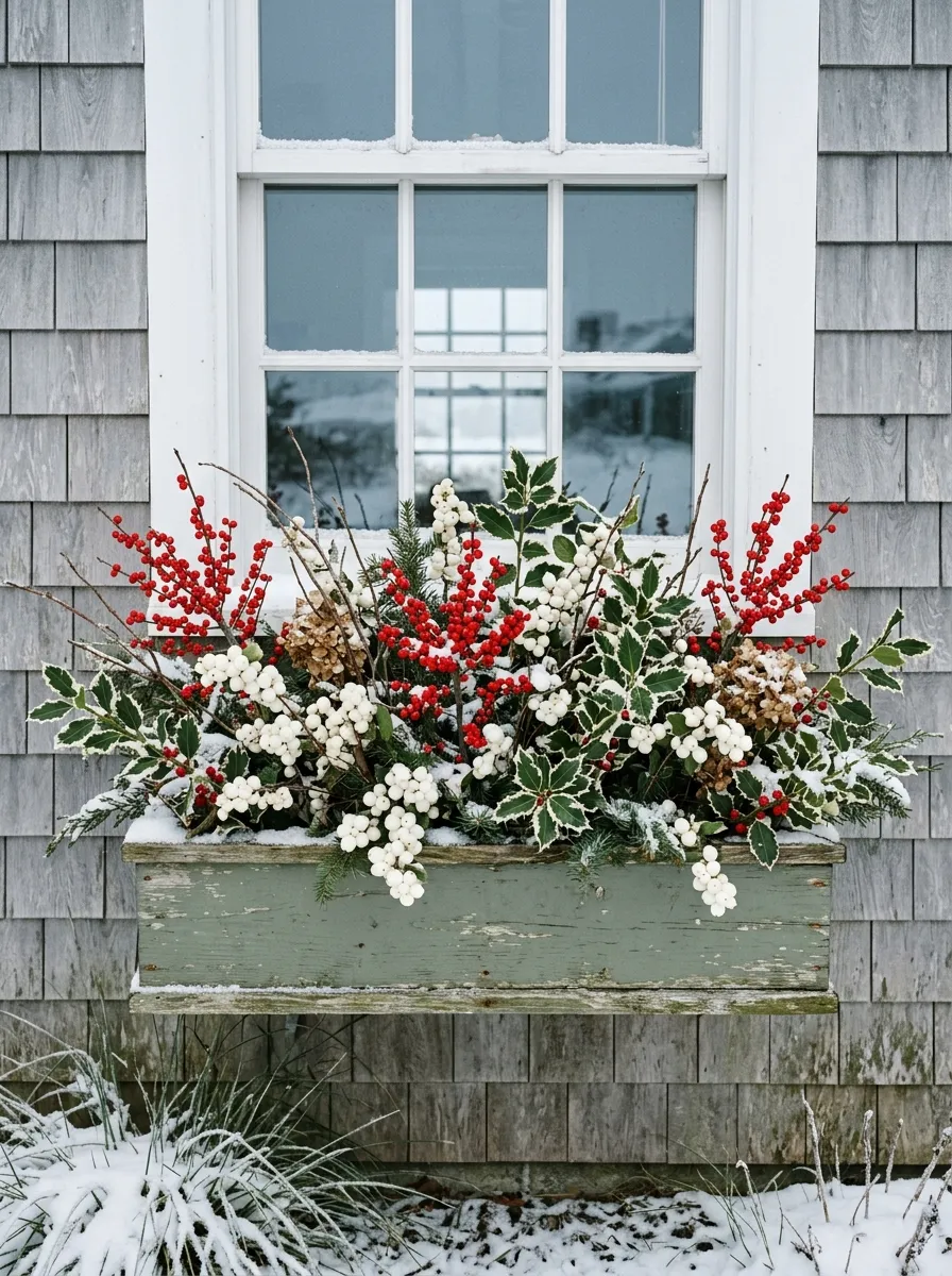 18 Winter Window Box Ideas That Bring Magical Seasonal Charm to Your Home Exterior 17 Delicate coastal winter window box with snowberry, winterberry, and white holly branches on a pale gray shingled cottage