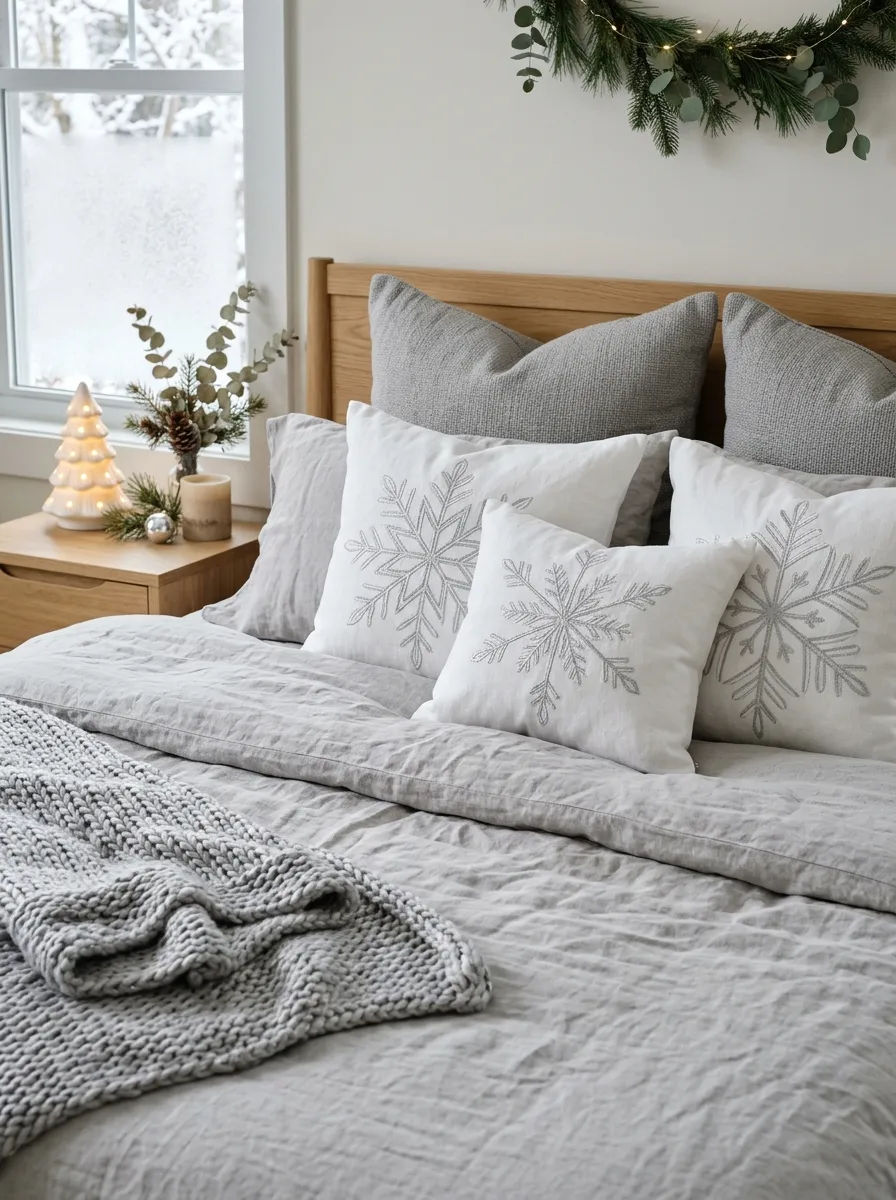 21 Christmas Bedroom Ideas That Make Your Space Feel Magical, Cozy, and Full of Holiday Charm 15 A grey linen bed with white snowflake embroidered throw pillows for a minimal Scandinavian festive bedroom design arrangement.