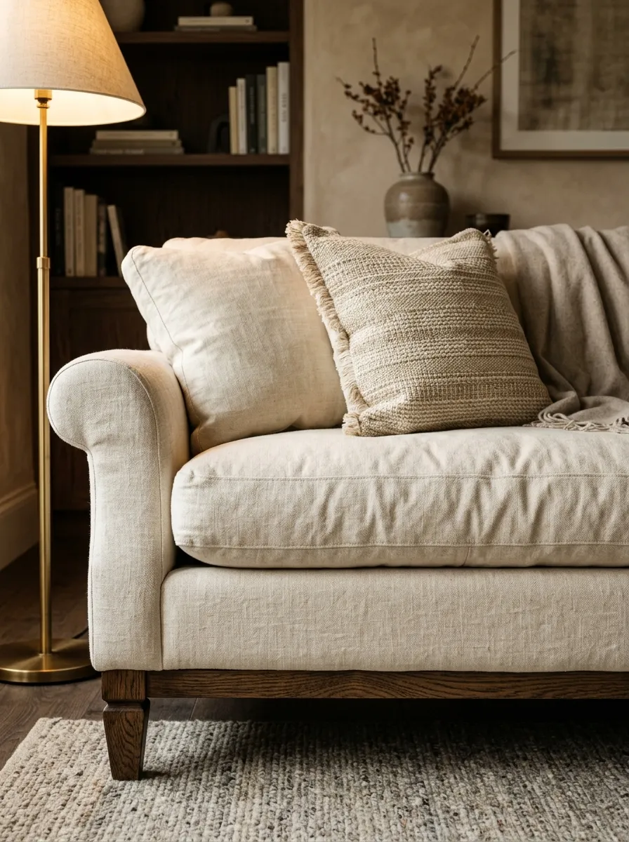 25 Luxury Living Room Ideas That Reveal the Design Details Most People Completely Overlook 23 Deep seated linen sofa with down wrapped cushions and carved oak legs in an upscale living room decor interior