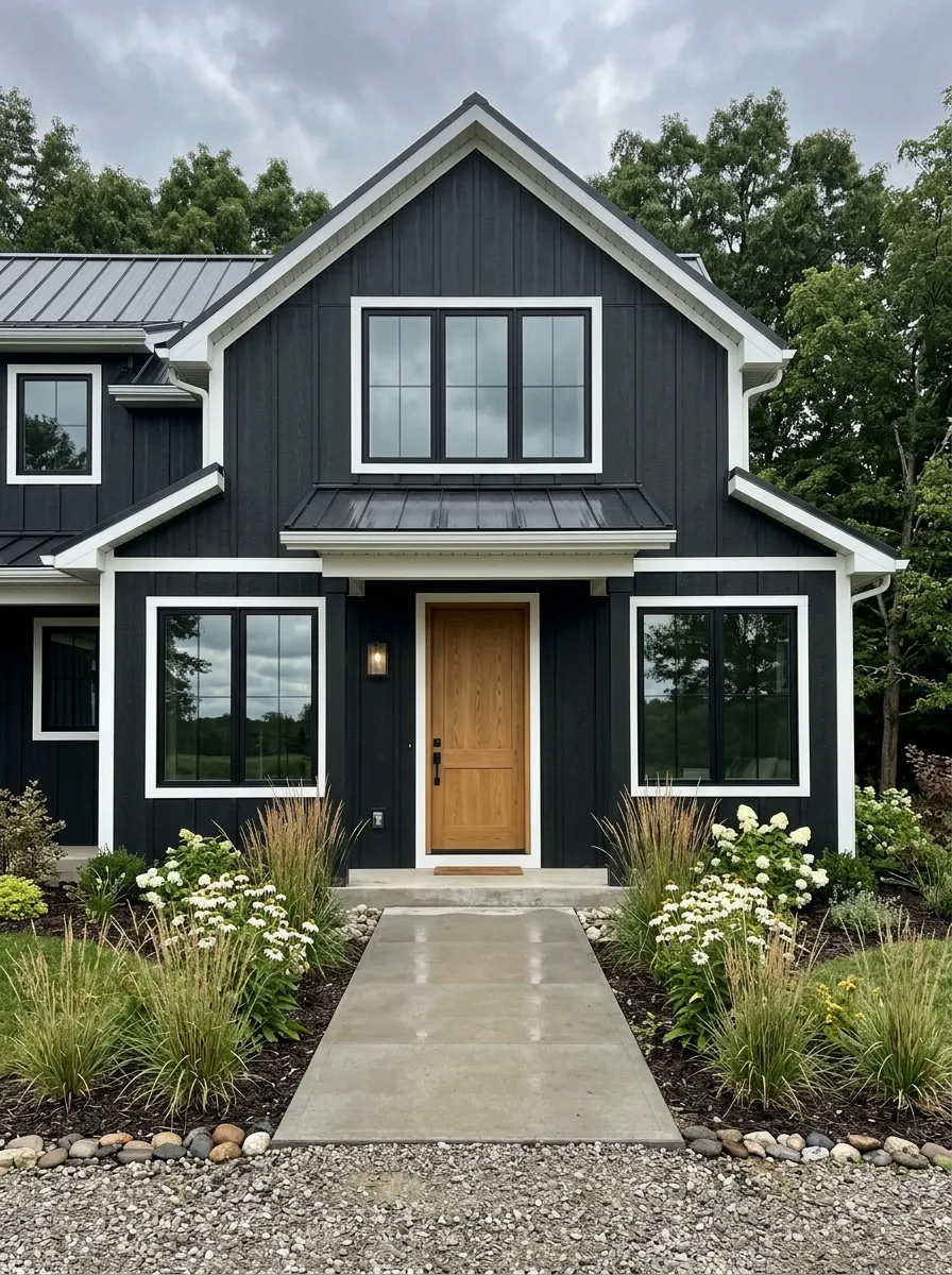 Soft black modern farmhouse exterior with white trim and oak door, one of the most dramatic home exterior paint colors trending in 2026