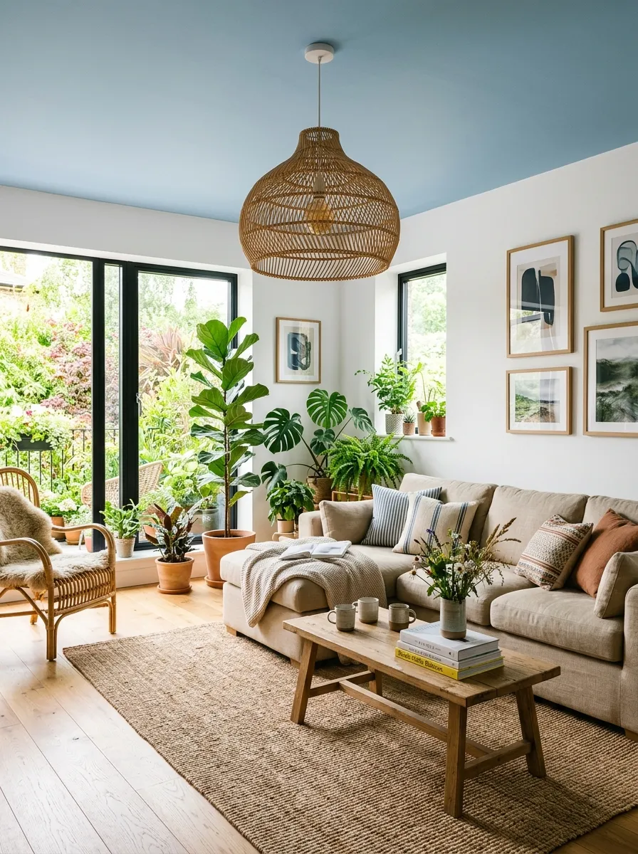 Soft blue painted ceiling above a white living room with linen sofa, rattan pendant, and indoor plants